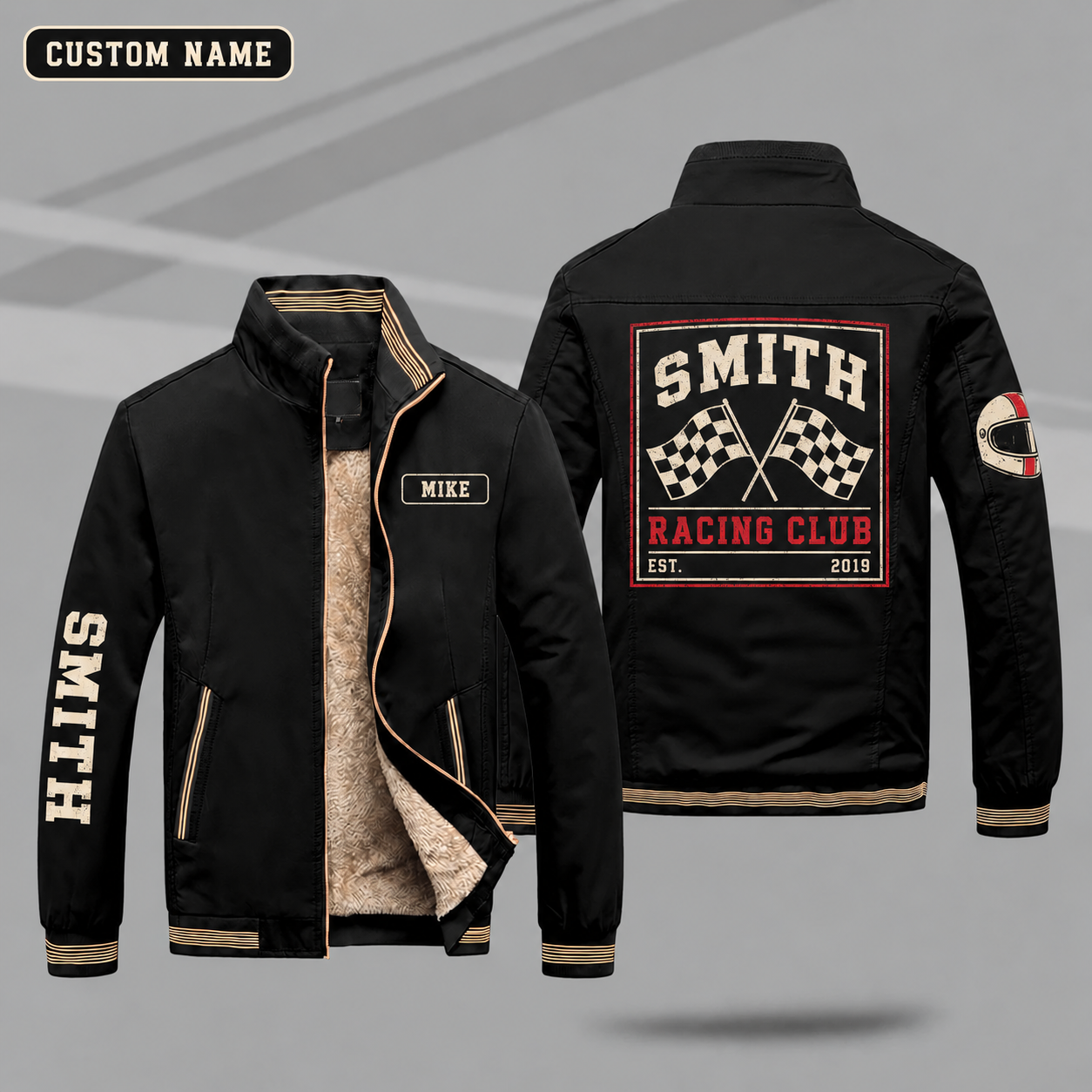 Fleece-Lined Stand Collar Jacket personalized with "Smith Racing Club Est. 2019" and checkered flags artwork on the back