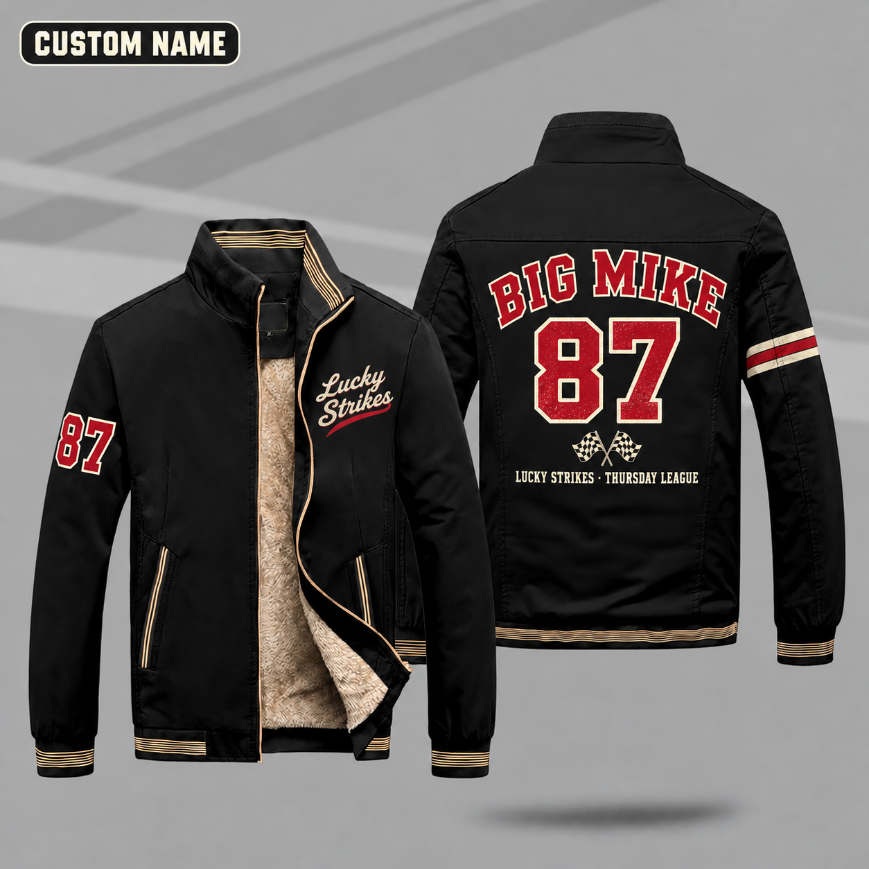 Fleece-Lined Stand Collar Jacket personalized with "Lucky Strikes Racing League" and checkered flags artwork on the back