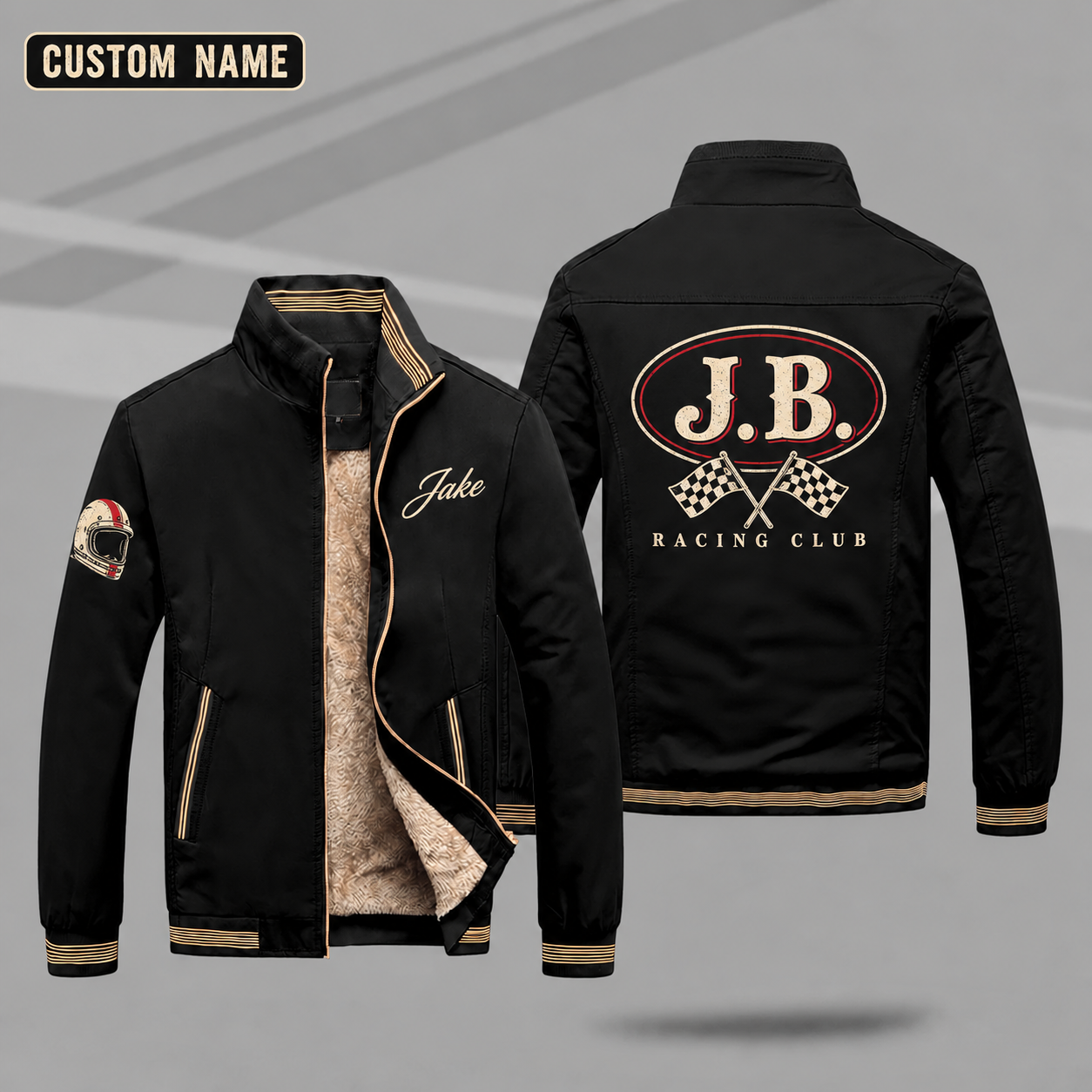 Fleece-Lined Stand Collar Jacket personalized with "J.B. Racing Monogram" and checkered flags artwork on the back