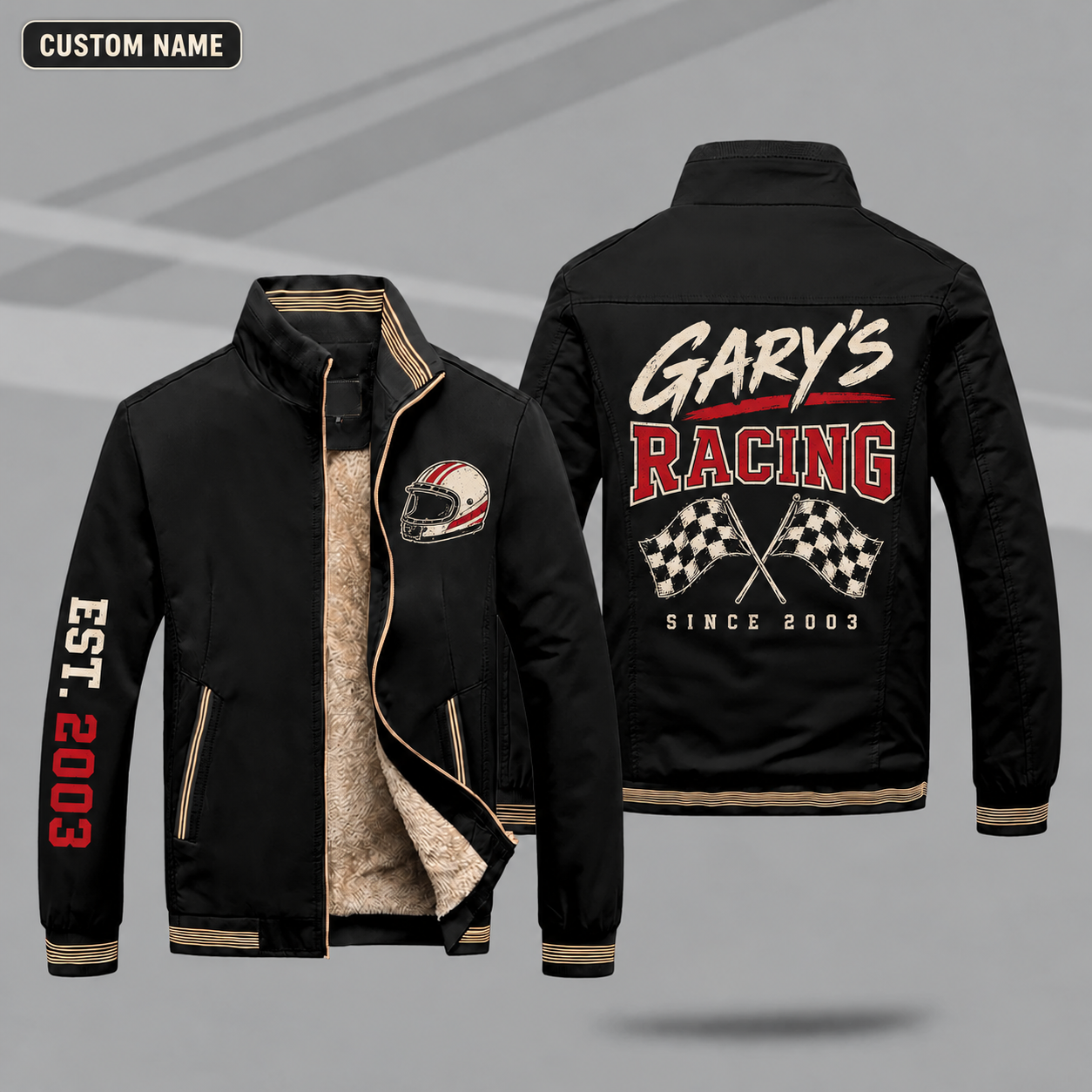 Fleece-Lined Stand Collar Jacket personalized with "Gary's Racing Since 2003" and checkered flags artwork on the back