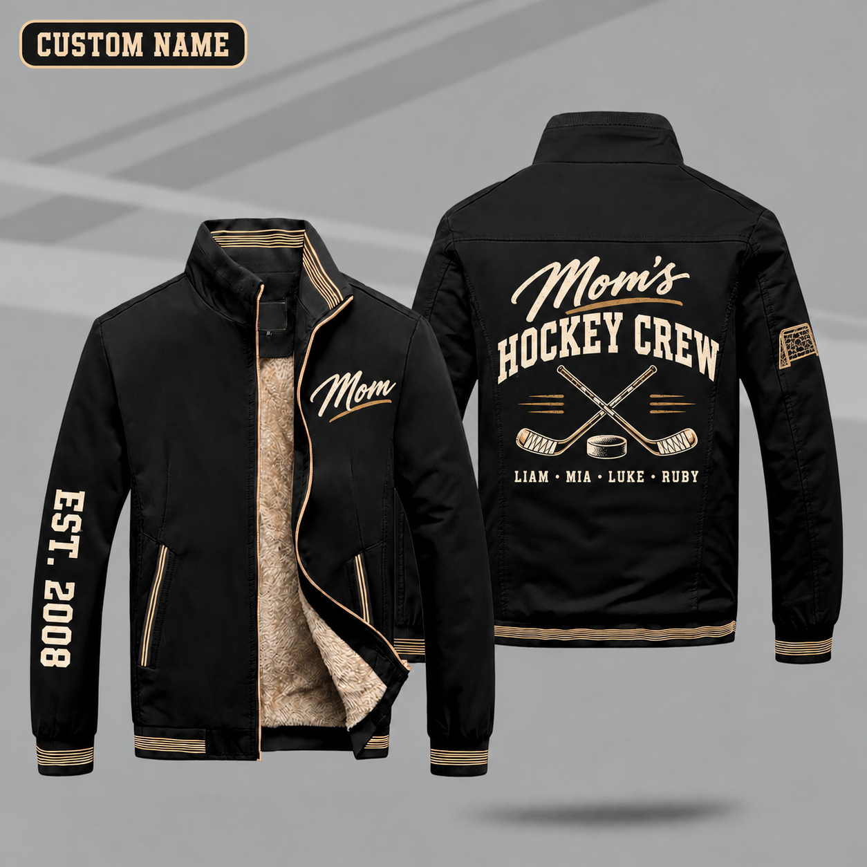 Fleece-Lined Stand Collar Jacket personalized with "Mom's Hockey Crew" and puck and crossed hockey sticks with curved blades artwork on the back