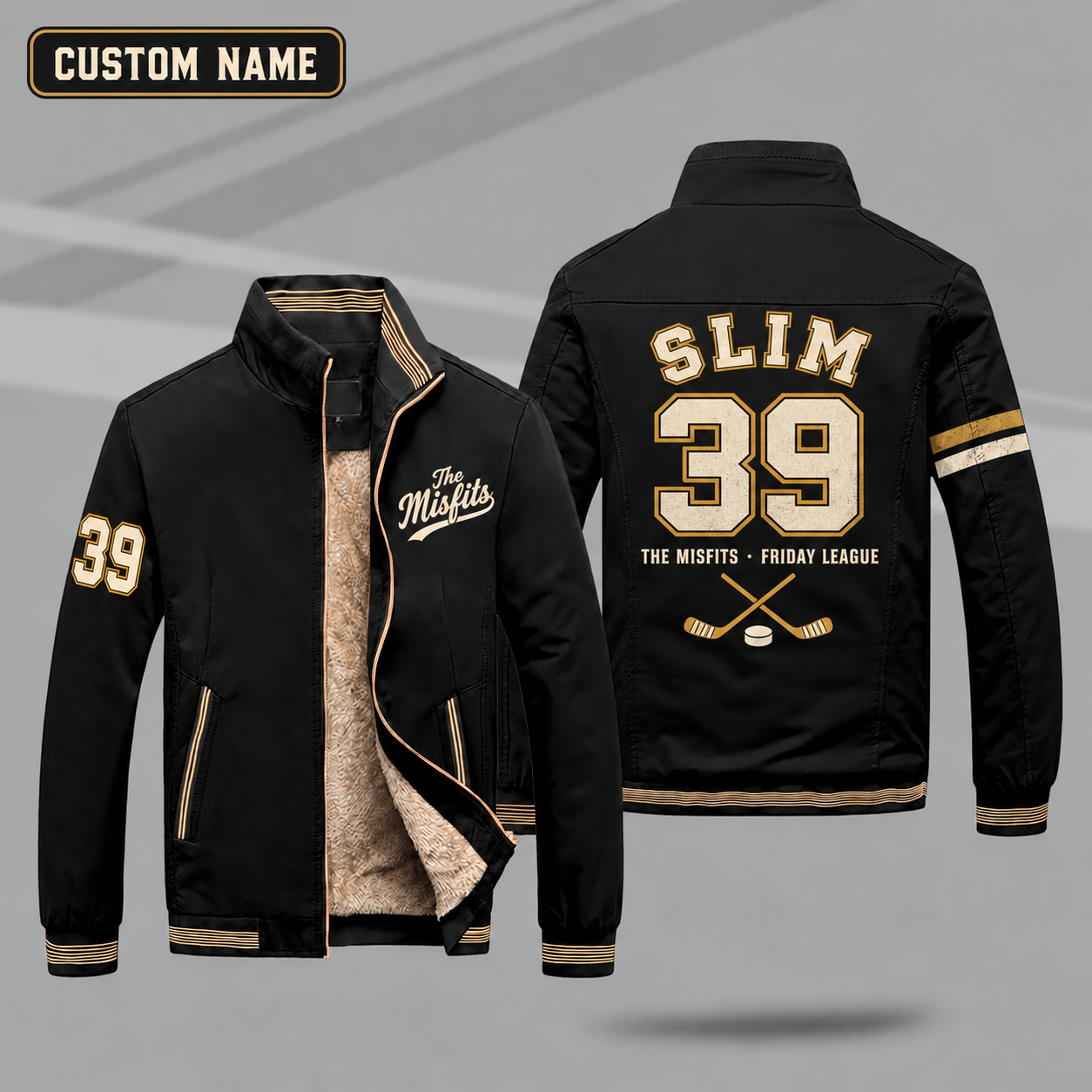Fleece-Lined Stand Collar Jacket personalized with "The Misfits Hockey League" and puck and crossed hockey sticks with curved blades artwork on the back