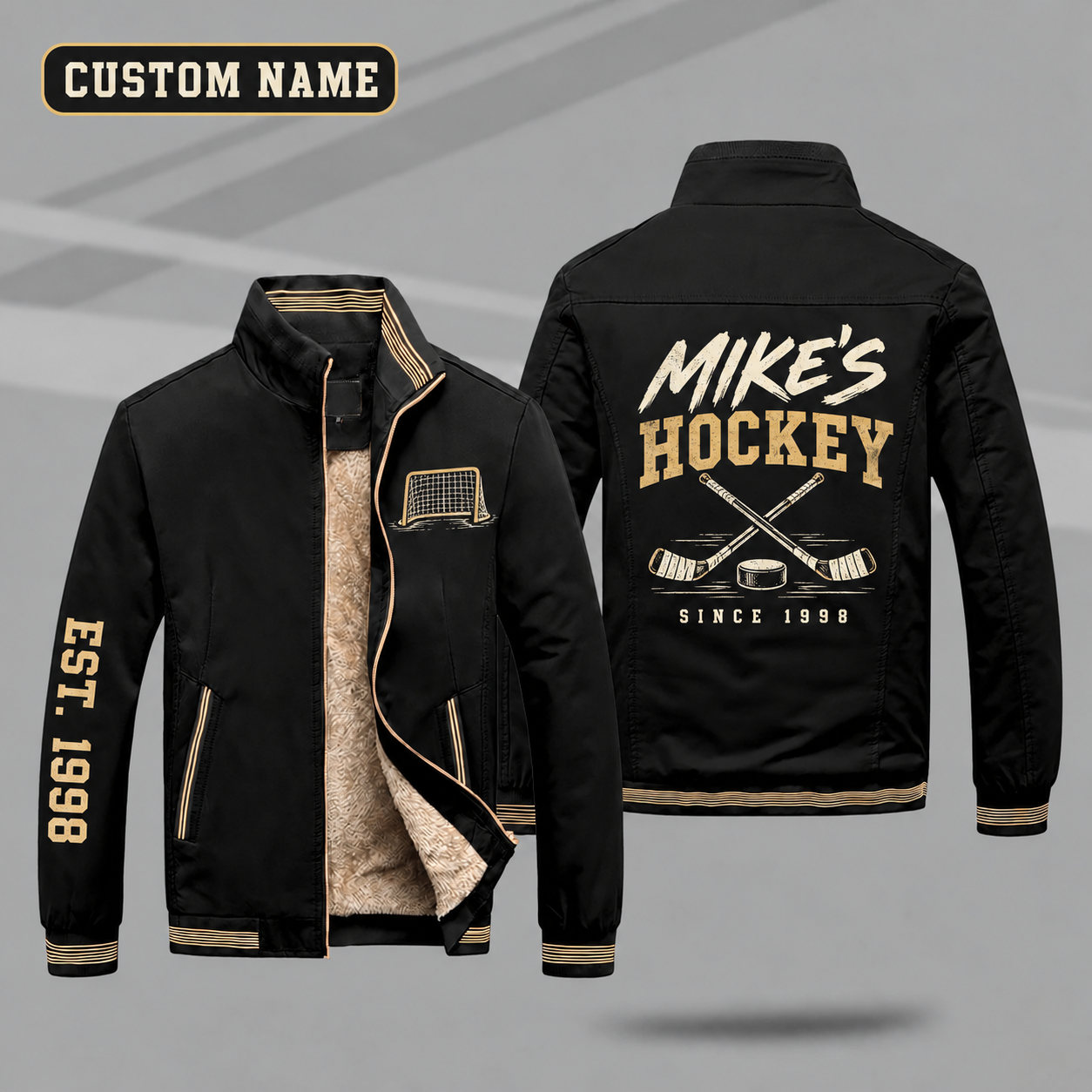 Fleece-Lined Stand Collar Jacket personalized with "Mike's Hockey Since 1998" and puck and crossed hockey sticks with curved blades artwork on the back