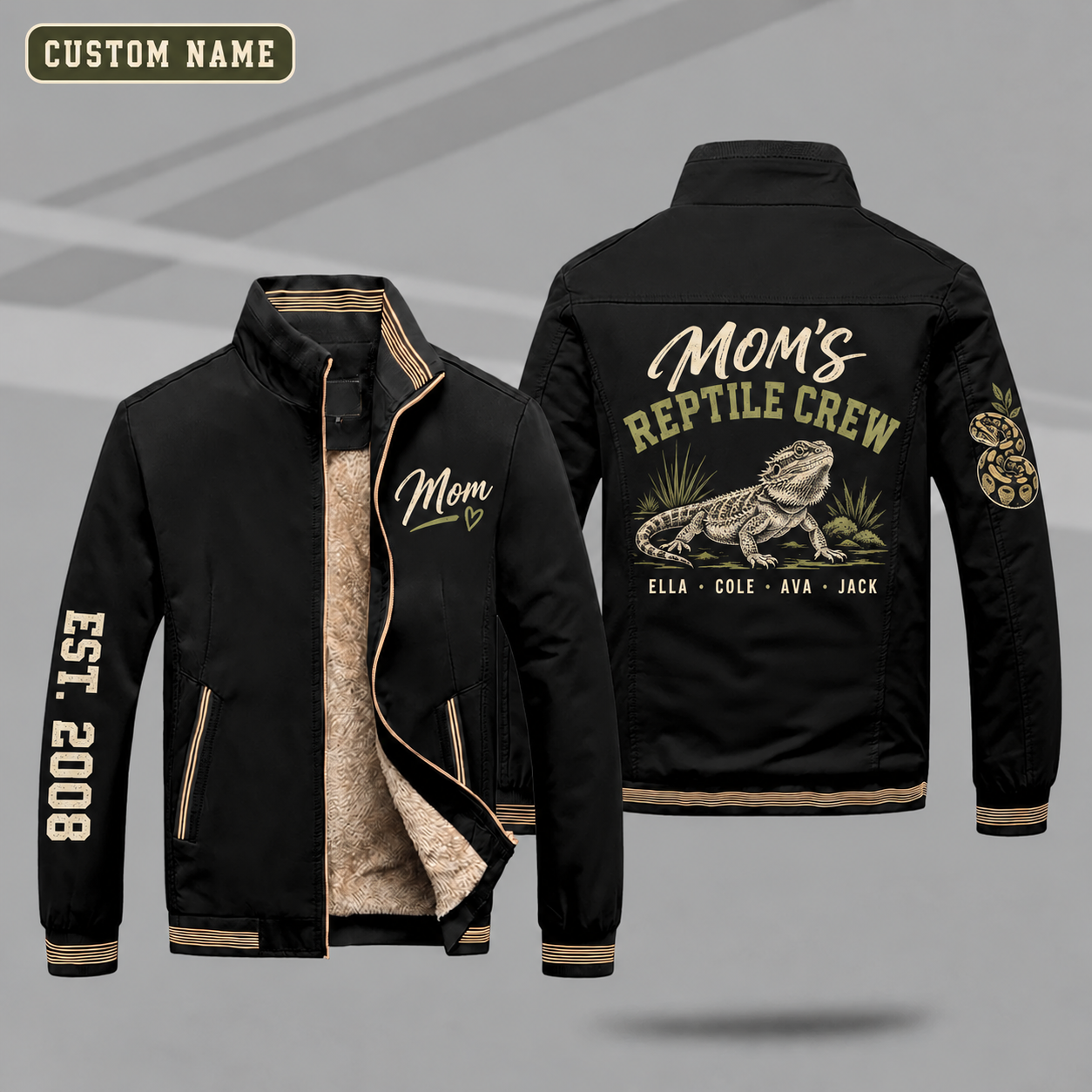 Fleece-Lined Stand Collar Jacket personalized with "Mom's Reptile Crew" and bearded dragon artwork on the back