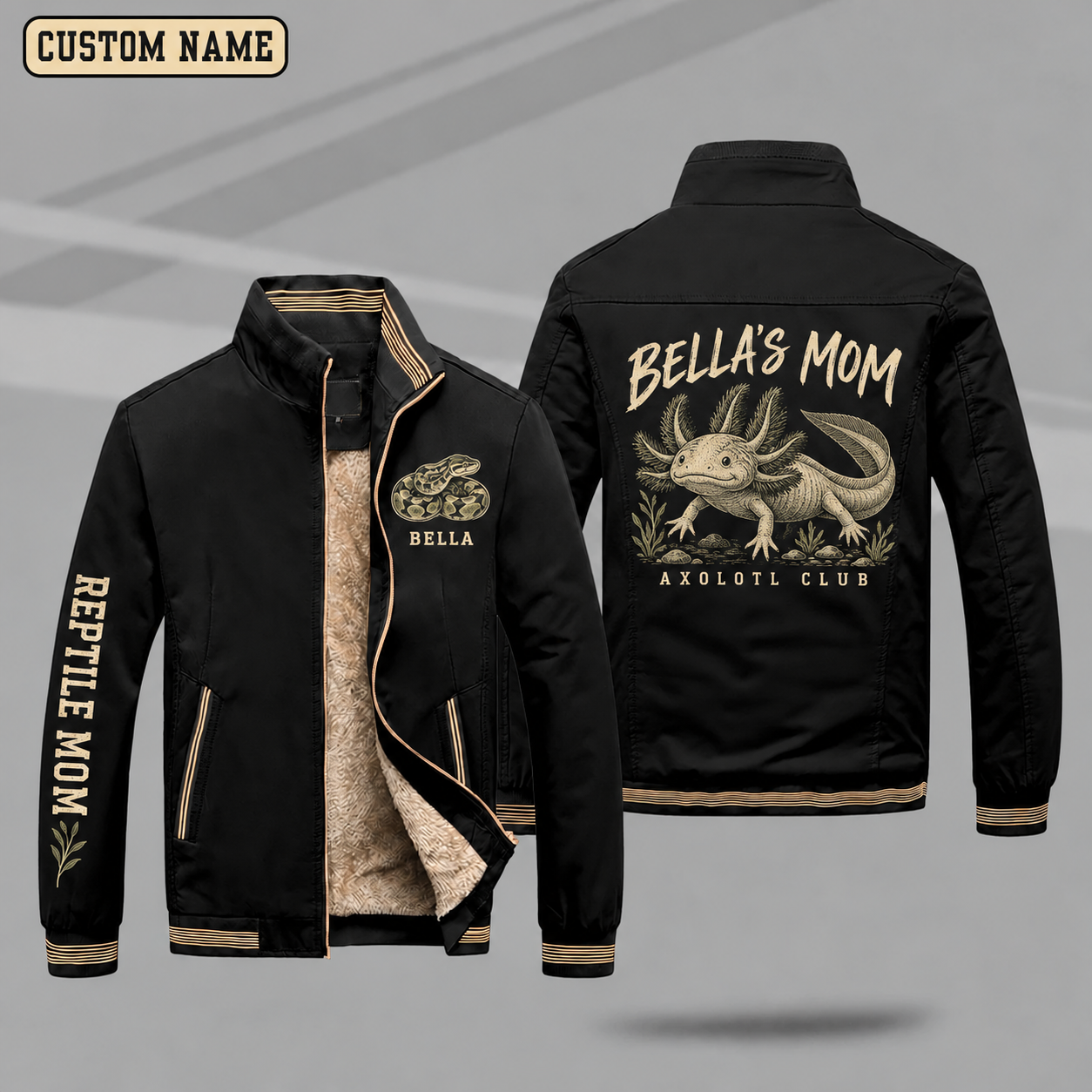 Fleece-Lined Stand Collar Jacket personalized with "Axolotl Mom" and axolotl artwork on the back