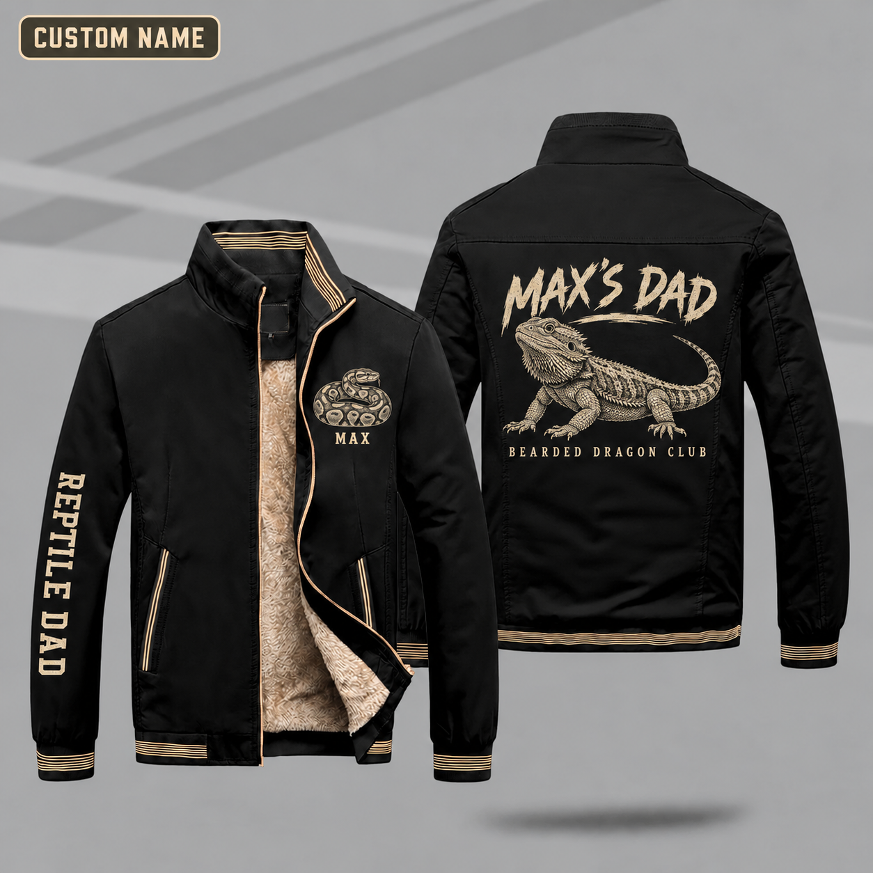 Fleece-Lined Stand Collar Jacket personalized with "Bearded Dragon Dad" and bearded dragon artwork on the back