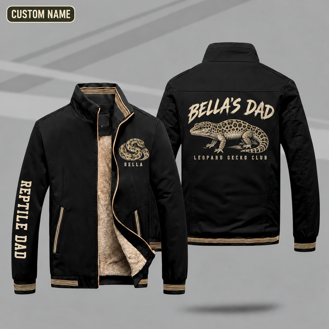 Fleece-Lined Stand Collar Jacket personalized with "Leopard Gecko Dad" and leopard gecko artwork on the back