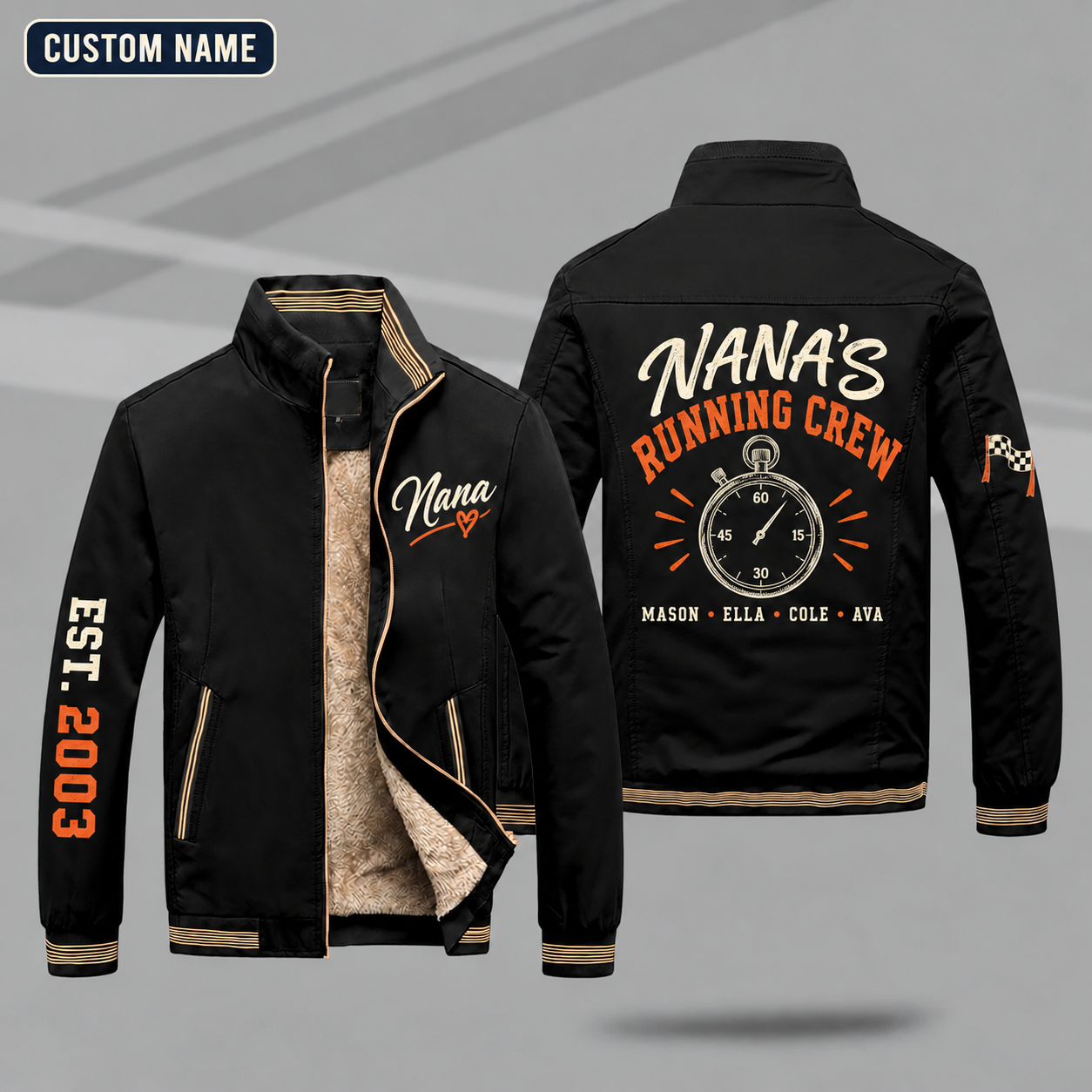 Fleece-Lined Stand Collar Jacket personalized with "Nana's Running Crew" and stopwatch artwork on the back