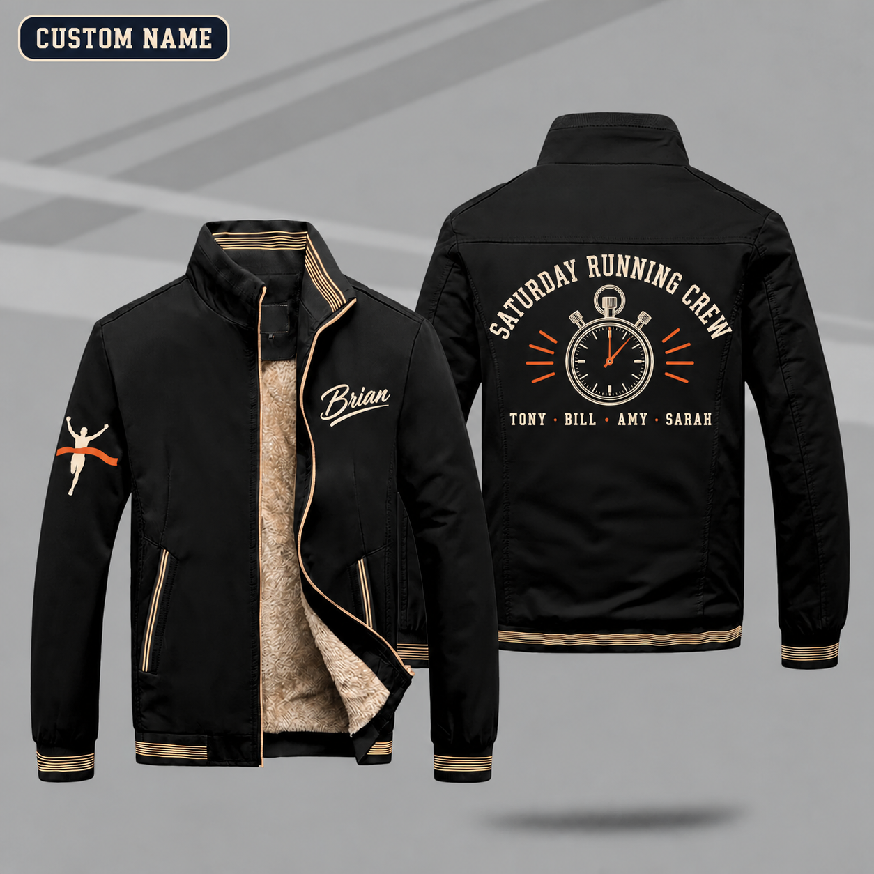 Fleece-Lined Stand Collar Jacket personalized with "Saturday Running Crew" and stopwatch artwork on the back