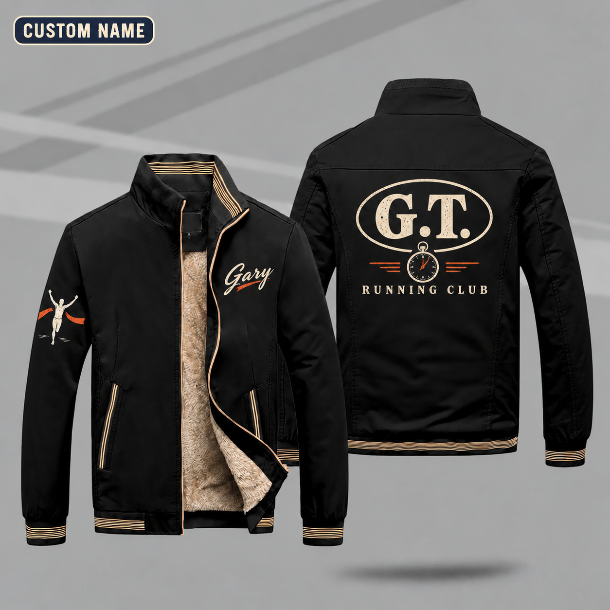 Fleece-Lined Stand Collar Jacket personalized with "G.T. Running Monogram" and stopwatch artwork on the back