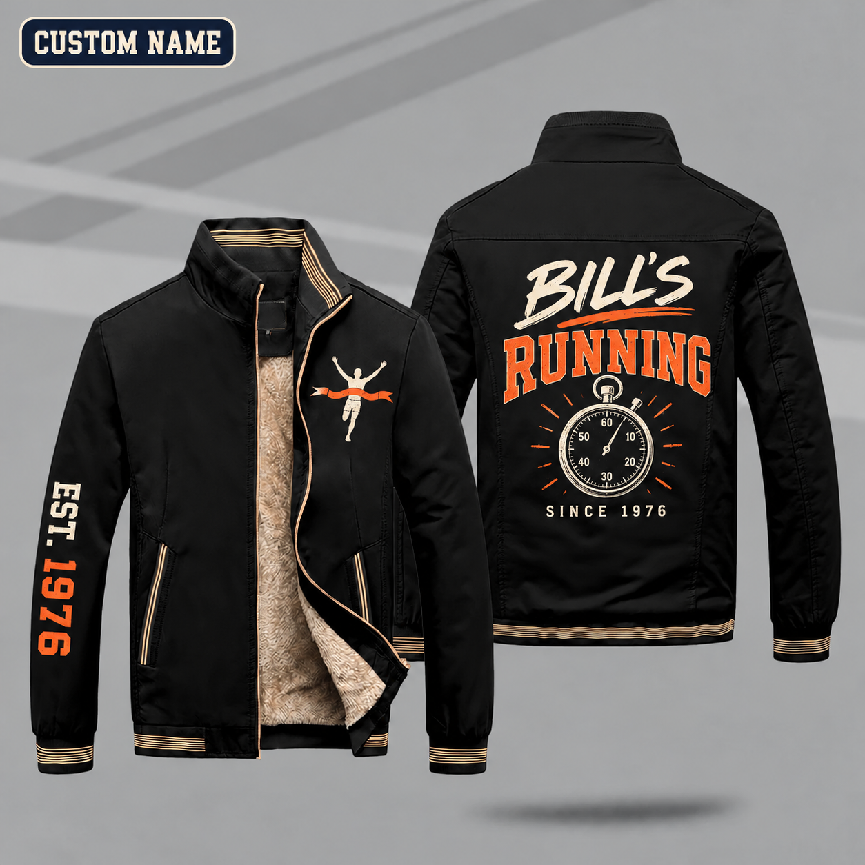 Fleece-Lined Stand Collar Jacket personalized with "Bill's Running Since 1976" and stopwatch artwork on the back