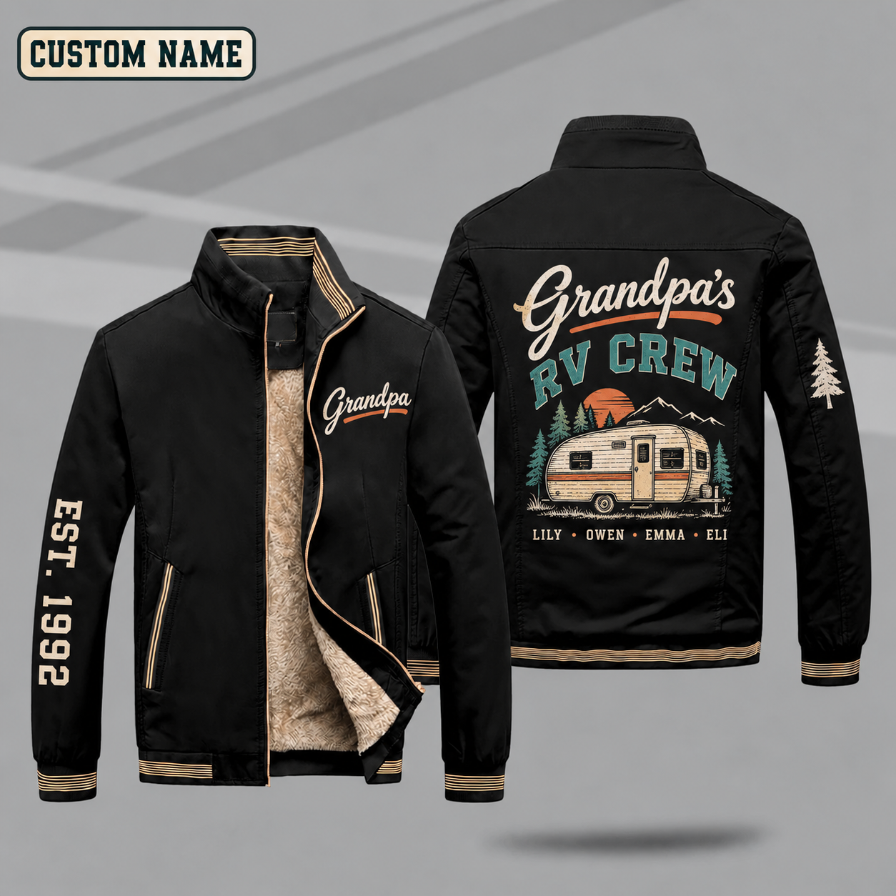 Fleece-Lined Stand Collar Jacket personalized with "Grandpa's RV Crew" and vintage camper trailer artwork on the back