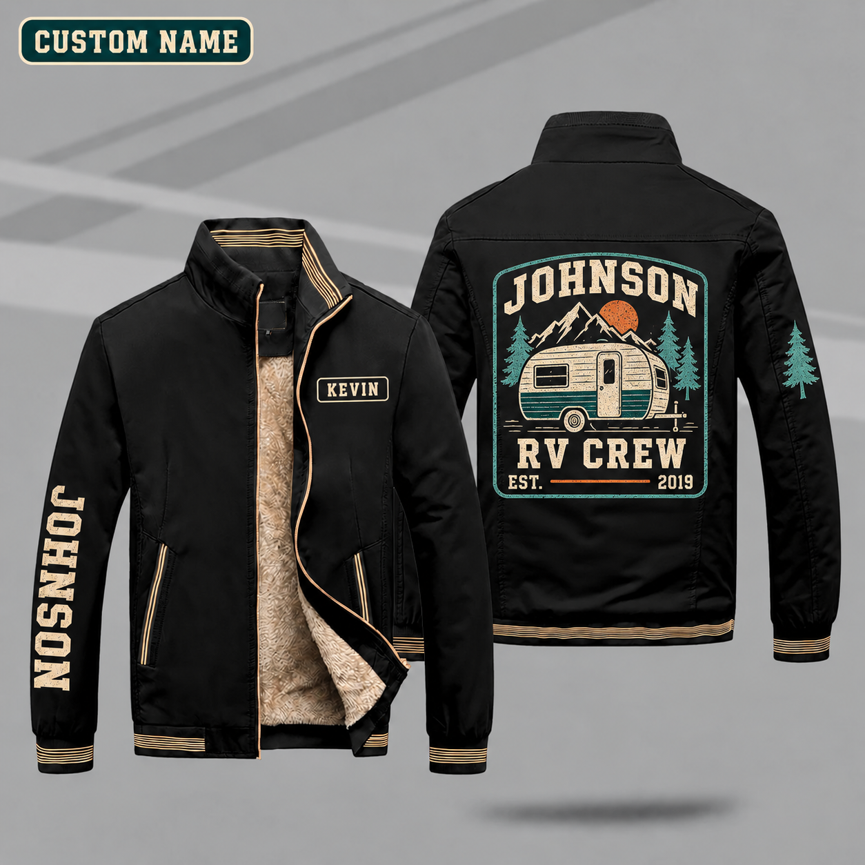 Fleece-Lined Stand Collar Jacket personalized with "Johnson RV Crew Est. 2019" and vintage camper trailer artwork on the back