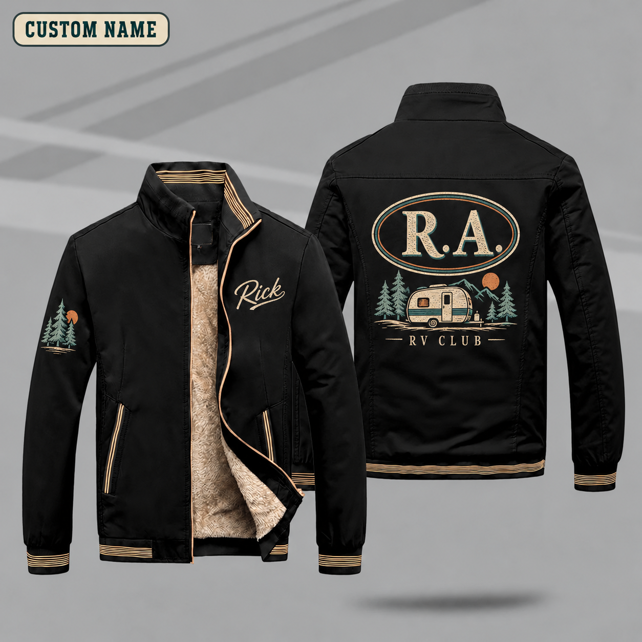 Fleece-Lined Stand Collar Jacket personalized with "R.A. RV Monogram" and vintage camper trailer artwork on the back