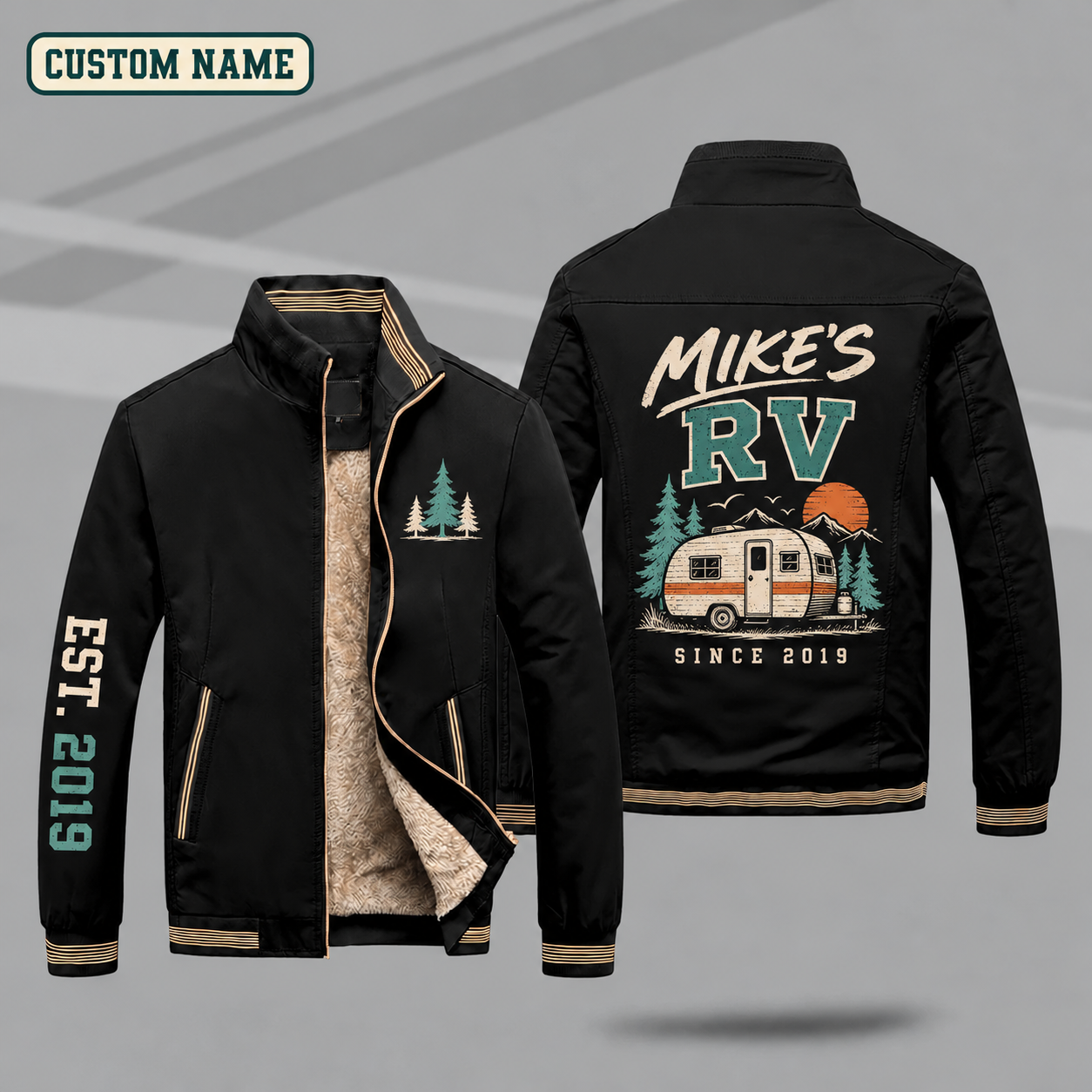 Fleece-Lined Stand Collar Jacket personalized with "Mike's RV Since 2019" and vintage camper trailer artwork on the back