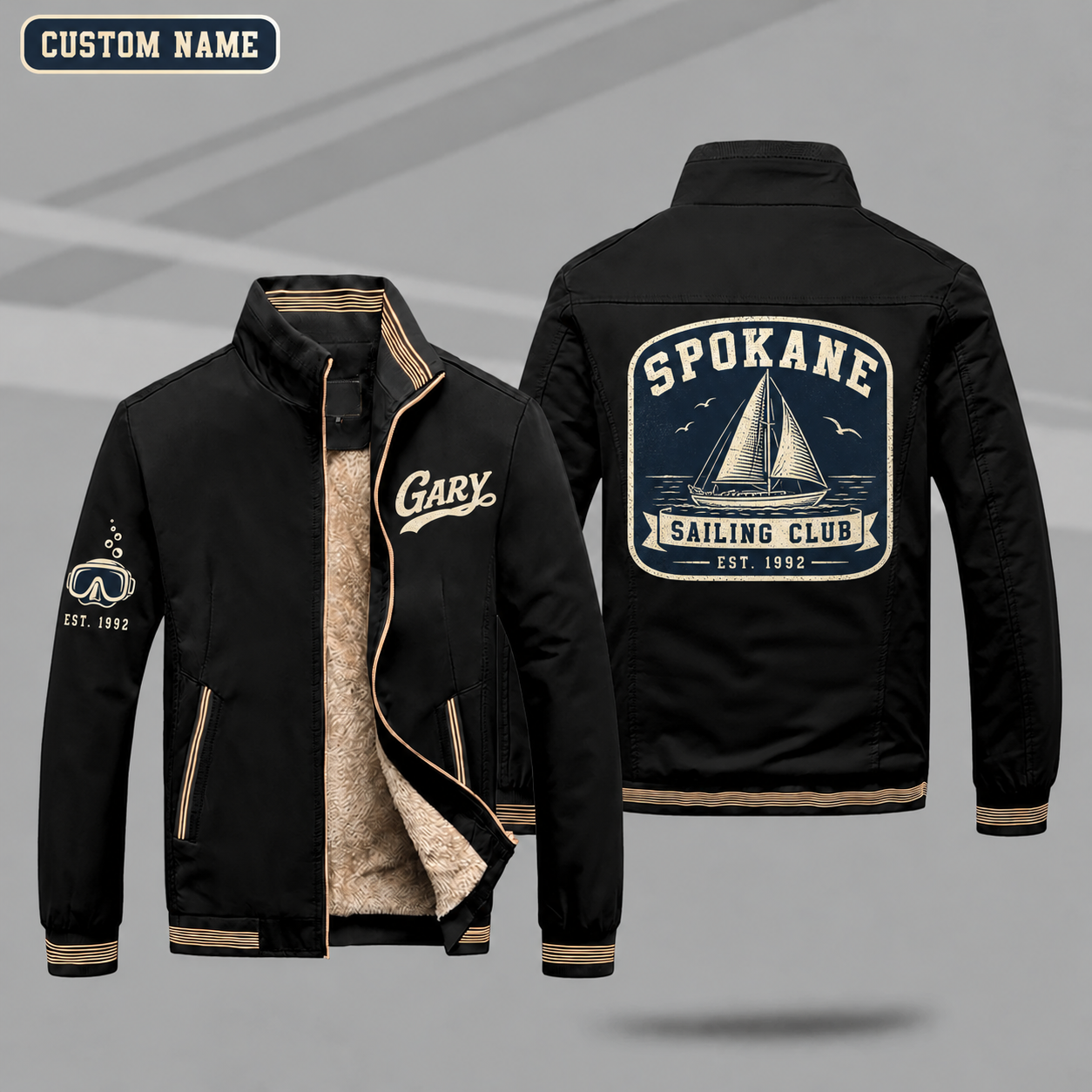 Fleece-Lined Stand Collar Jacket personalized with "Spokane Sailing Club Est. 1992" and sailboat artwork on the back