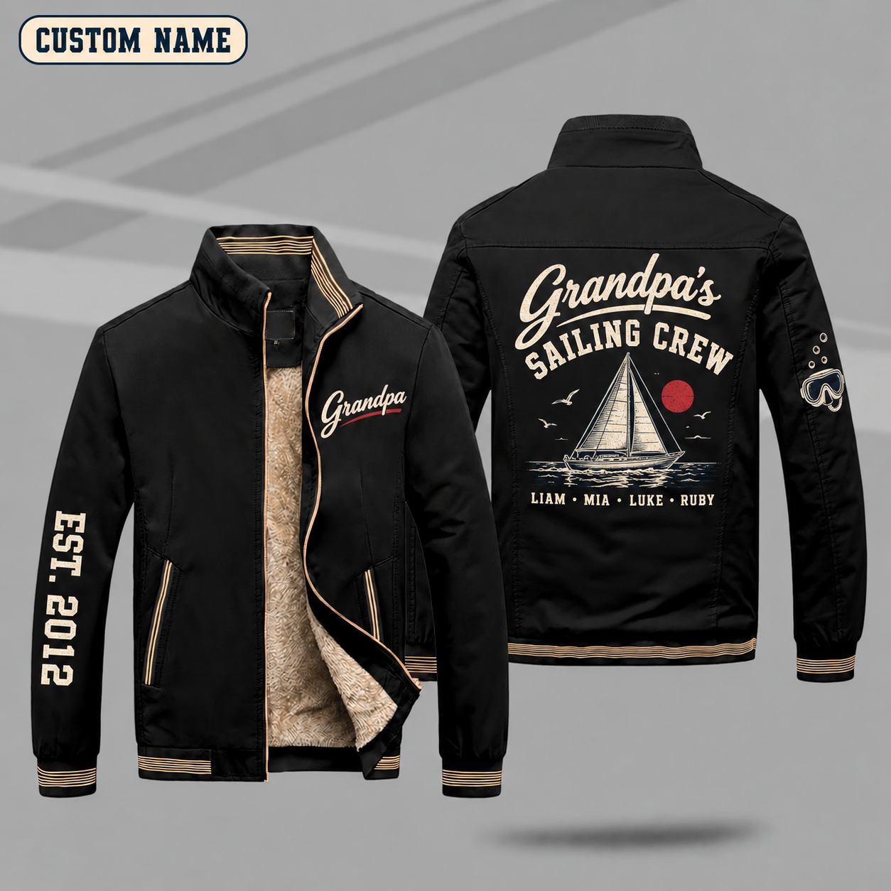 Fleece-Lined Stand Collar Jacket personalized with "Grandpa's Sailing Crew" and sailboat artwork on the back