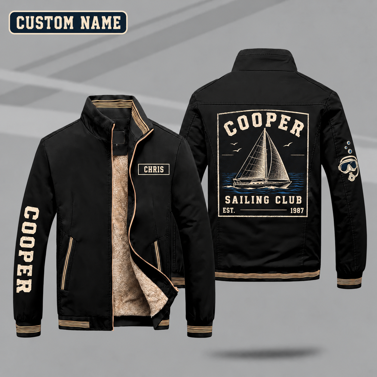 Fleece-Lined Stand Collar Jacket personalized with "Cooper Sailing Club Est. 1987" and sailboat artwork on the back