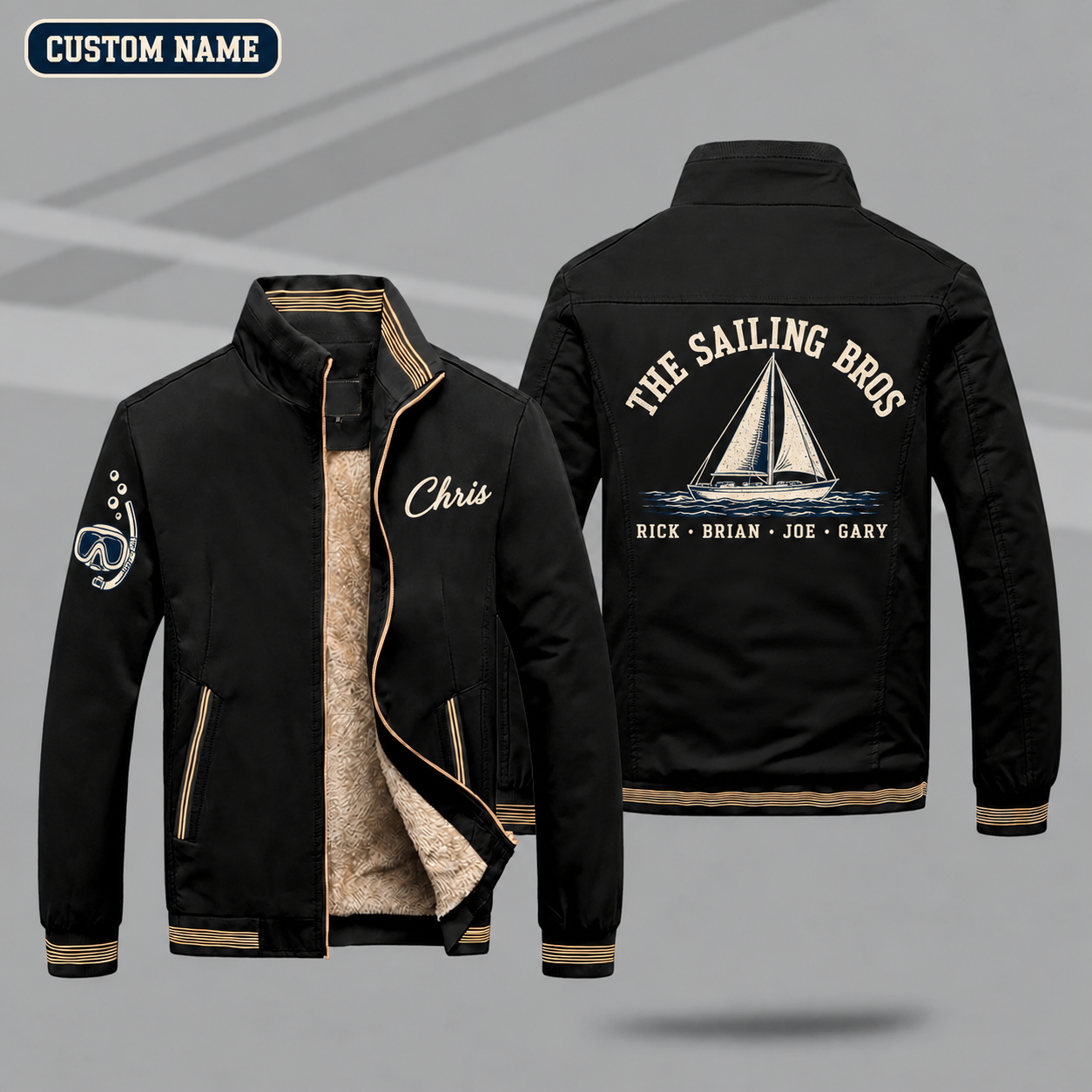 Fleece-Lined Stand Collar Jacket personalized with "The Sailing Bros" and sailboat artwork on the back
