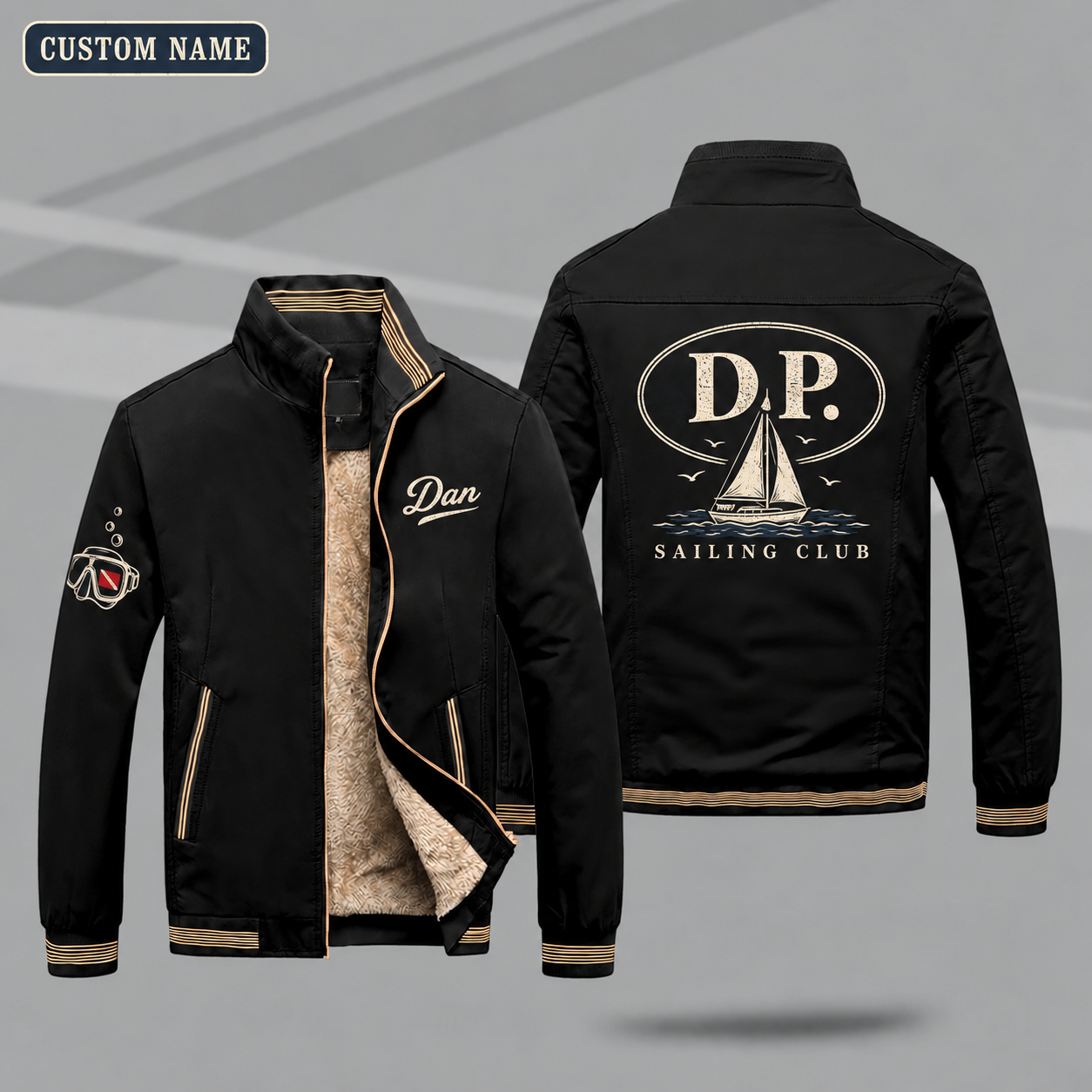 Fleece-Lined Stand Collar Jacket personalized with "D.P. Sailing Monogram" and sailboat artwork on the back