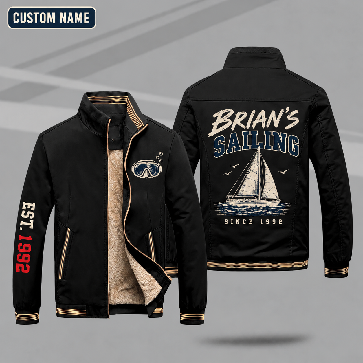 Fleece-Lined Stand Collar Jacket personalized with "Brian's Sailing Since 1992" and sailboat artwork on the back