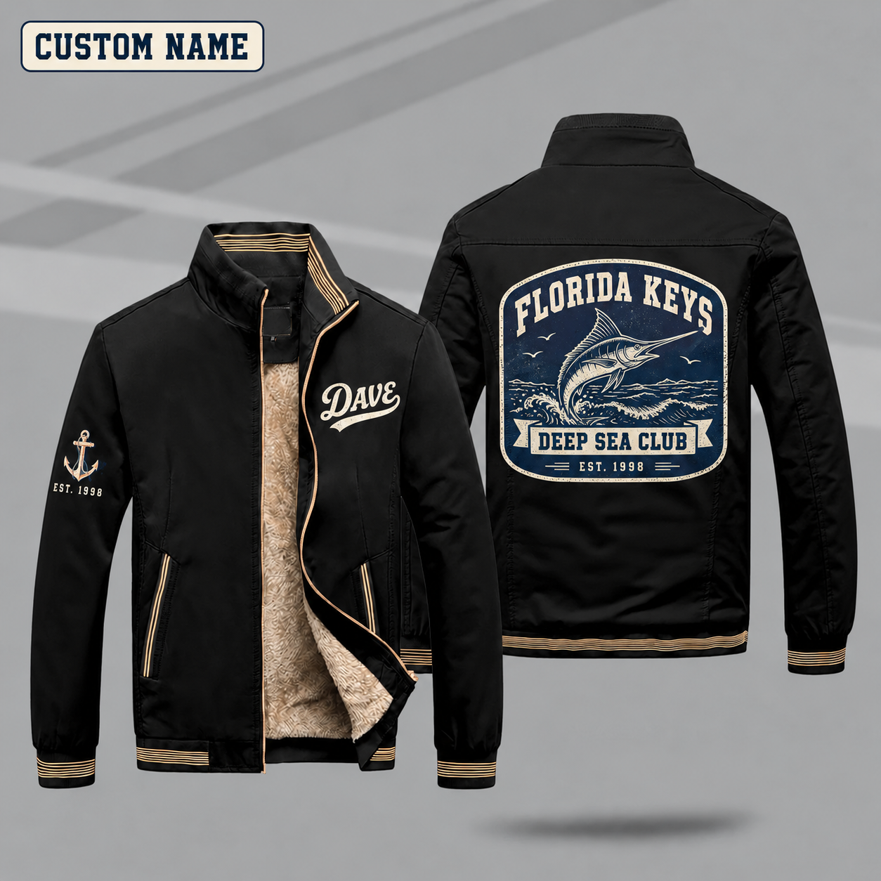 Fleece-Lined Stand Collar Jacket personalized with "Florida Keys Deep Sea Club Est. 1998" and marlin artwork on the back