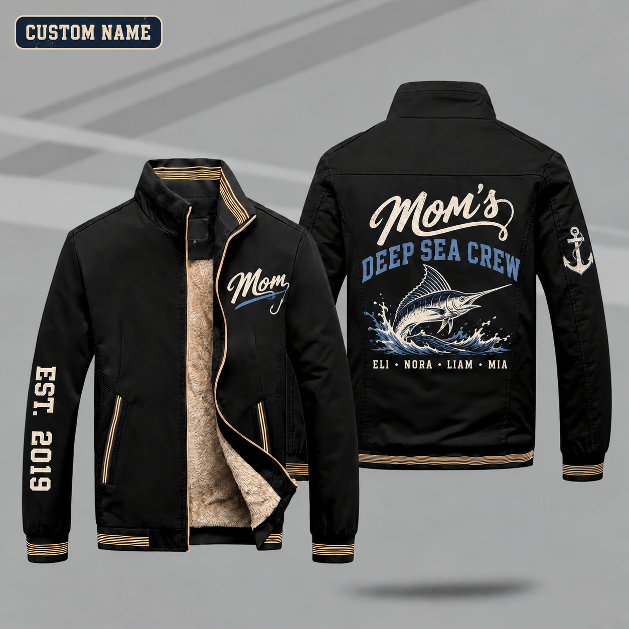 Fleece-Lined Stand Collar Jacket personalized with "Mom's Deep Sea Crew" and marlin artwork on the back