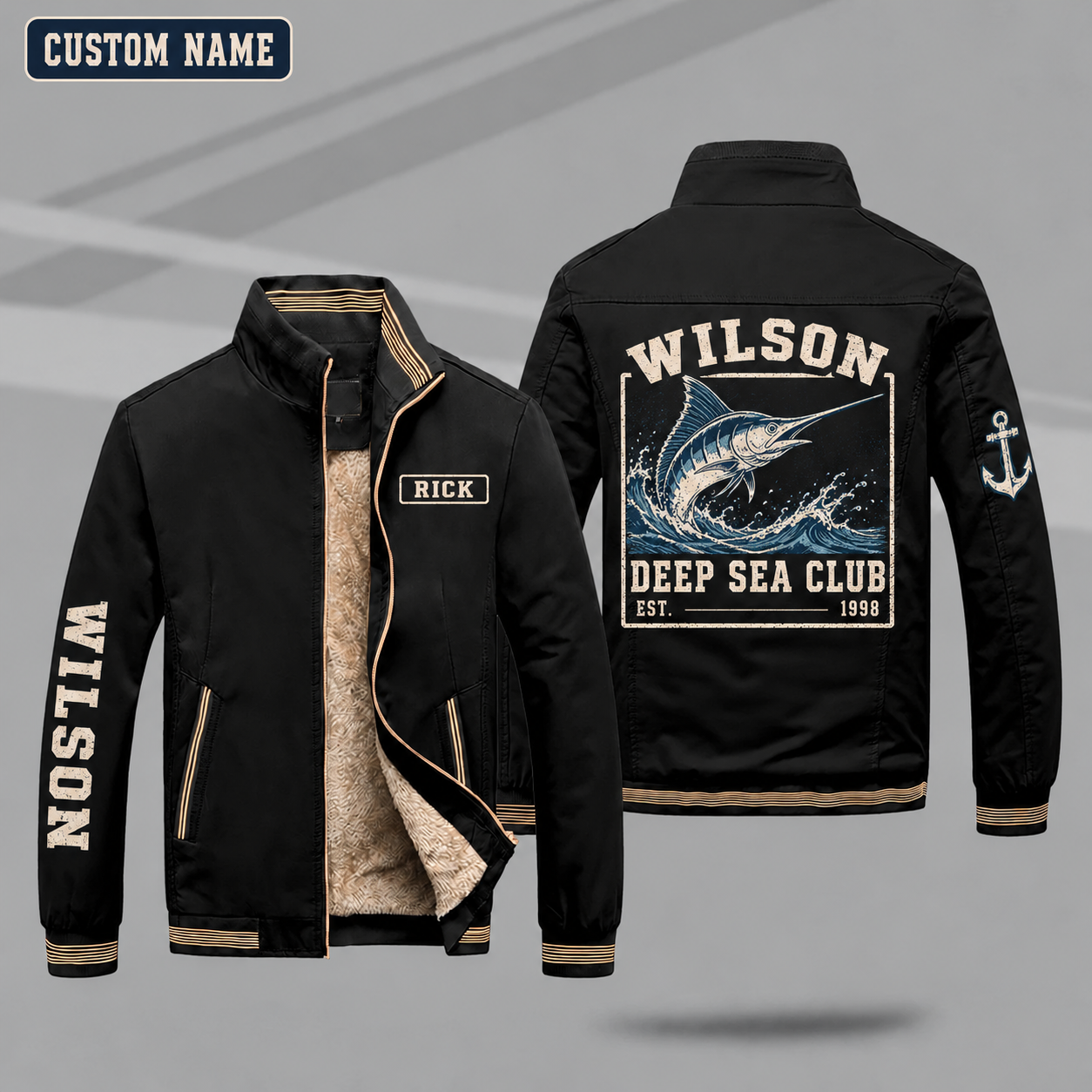 Fleece-Lined Stand Collar Jacket personalized with "Wilson Deep Sea Club Est. 1998" and marlin artwork on the back