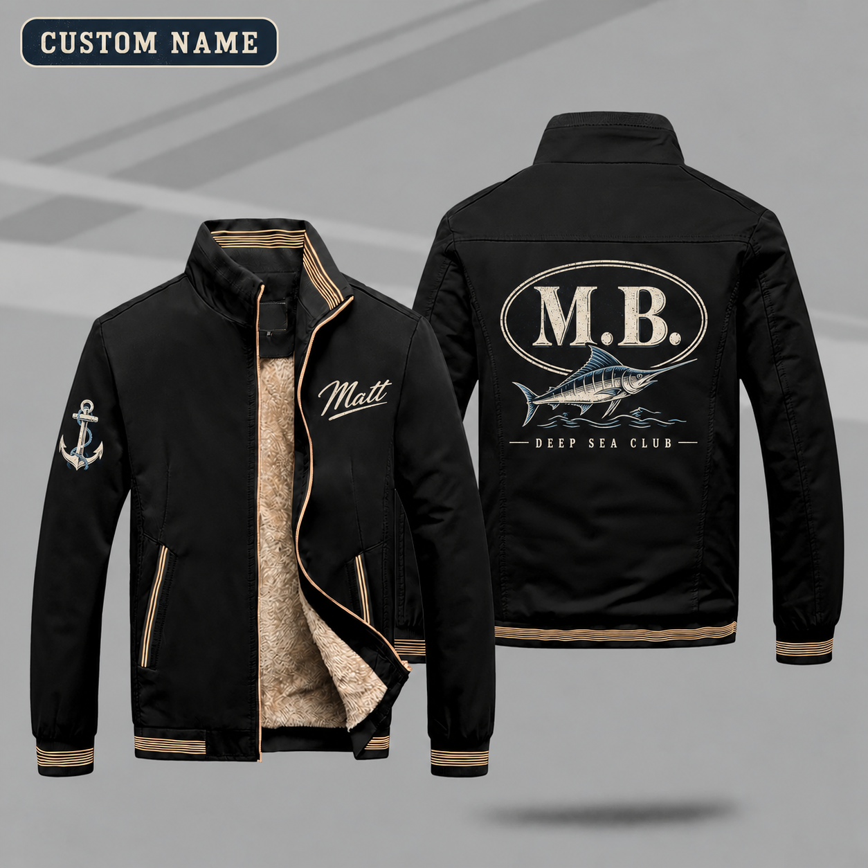Fleece-Lined Stand Collar Jacket personalized with "M.B. Deep Sea Monogram" and marlin artwork on the back
