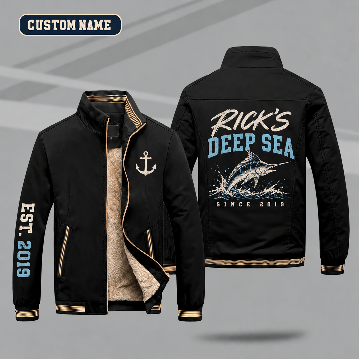Fleece-Lined Stand Collar Jacket personalized with "Rick's Deep Sea Since 2019" and marlin artwork on the back