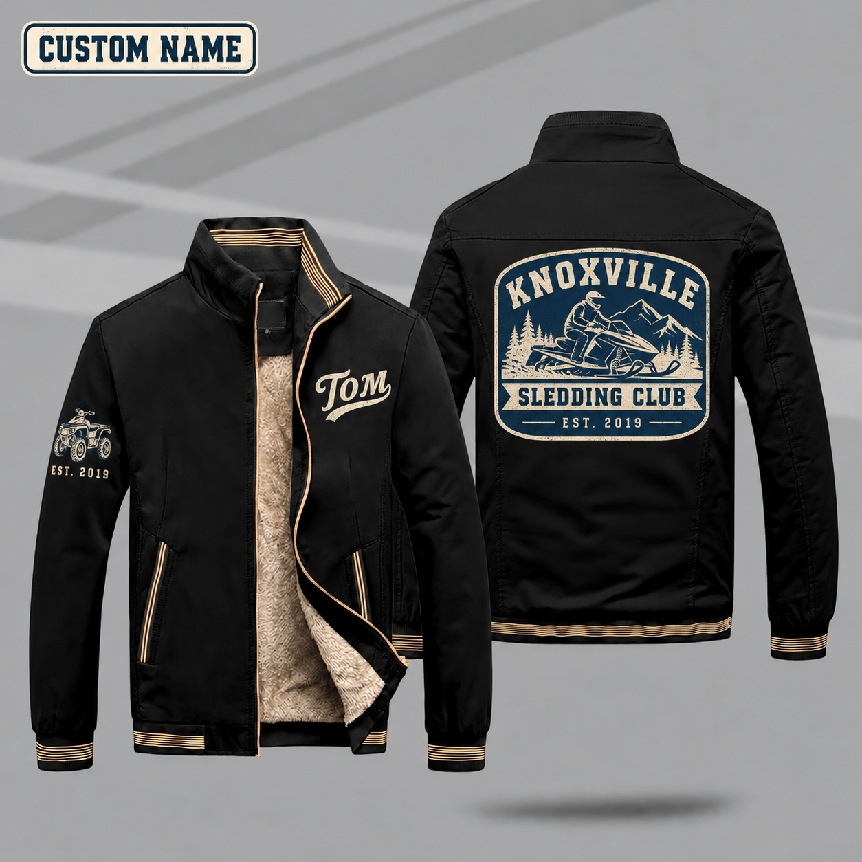 Fleece-Lined Stand Collar Jacket personalized with "Knoxville Sledding Club Est. 2019" and snowmobile artwork on the back