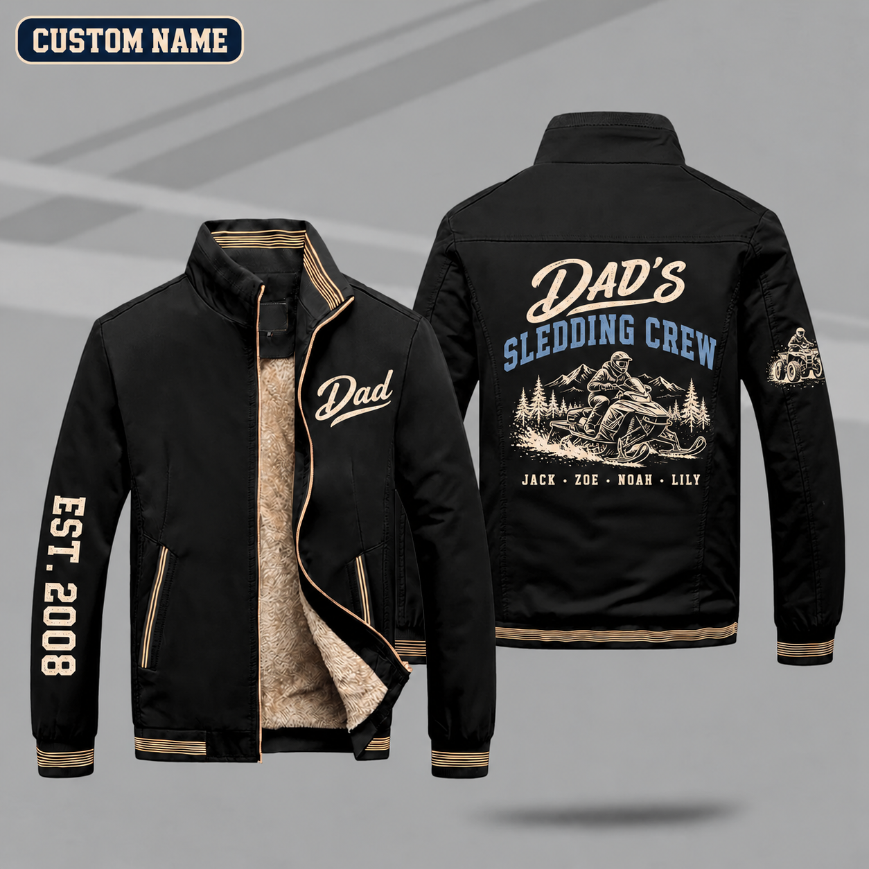 Fleece-Lined Stand Collar Jacket personalized with "Dad's Sledding Crew" and snowmobile artwork on the back