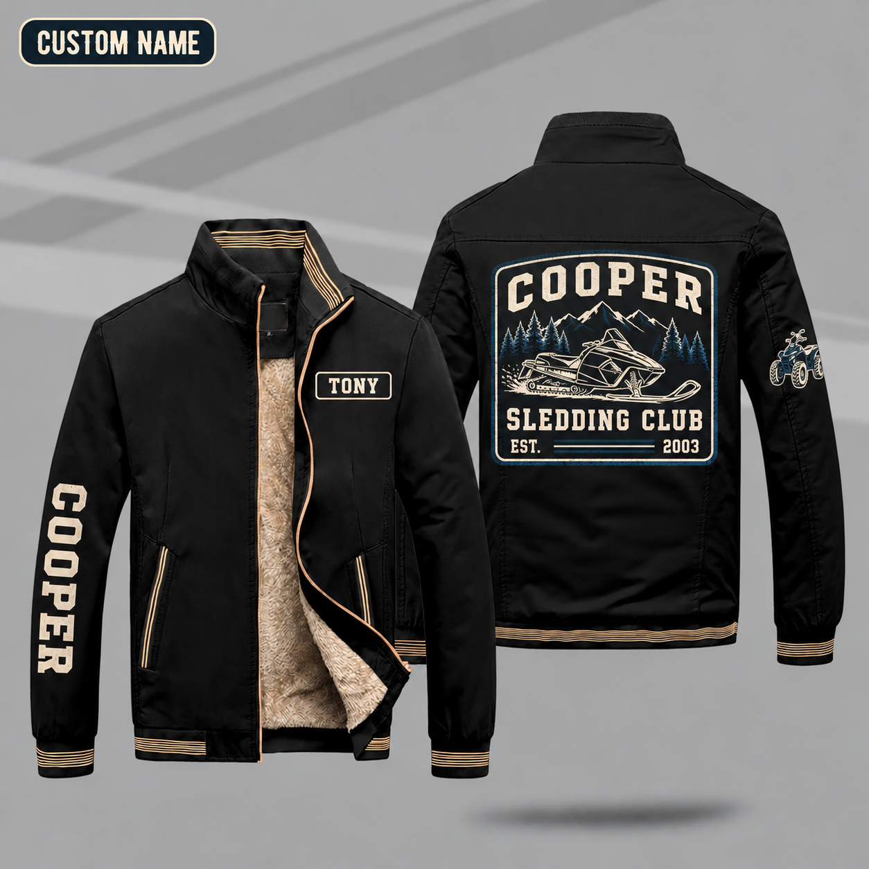 Fleece-Lined Stand Collar Jacket personalized with "Cooper Sledding Club Est. 2003" and snowmobile artwork on the back