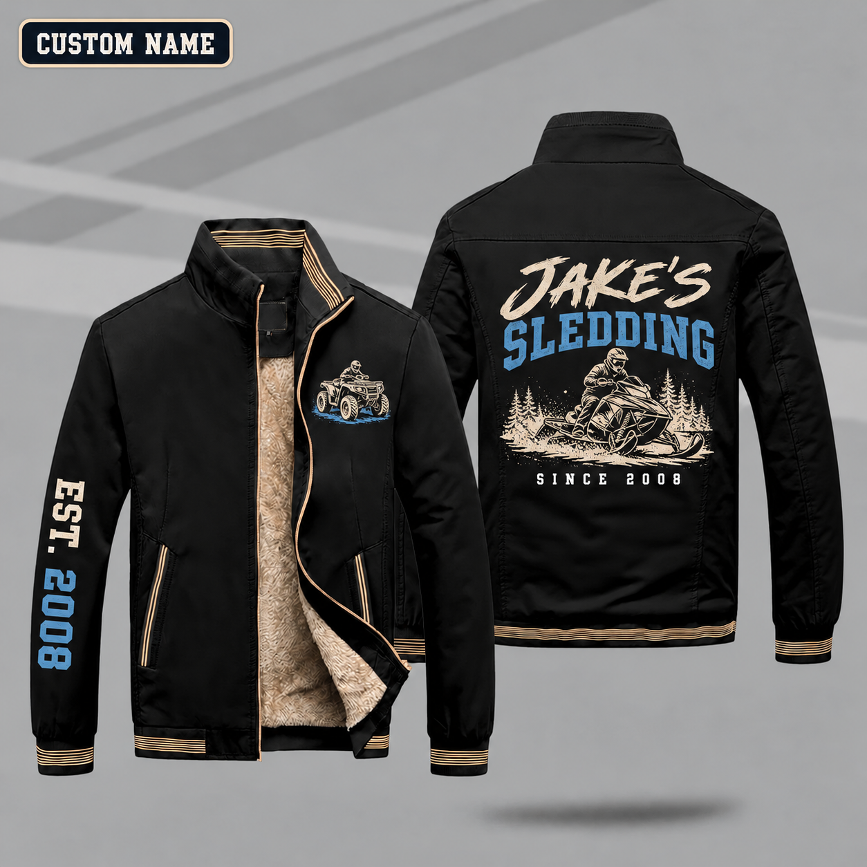 Fleece-Lined Stand Collar Jacket personalized with "Jake's Sledding Since 2008" and snowmobile artwork on the back