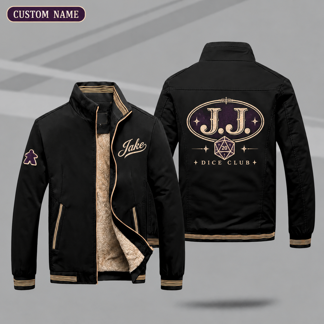 Fleece-Lined Stand Collar Jacket personalized with "J.J. Dice Monogram" and d20 dice artwork on the back