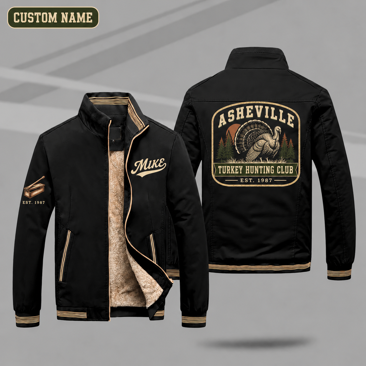 Fleece-Lined Stand Collar Jacket personalized with "Asheville Turkey Hunting Club Est. 1987" and strutting turkey artwork on the back