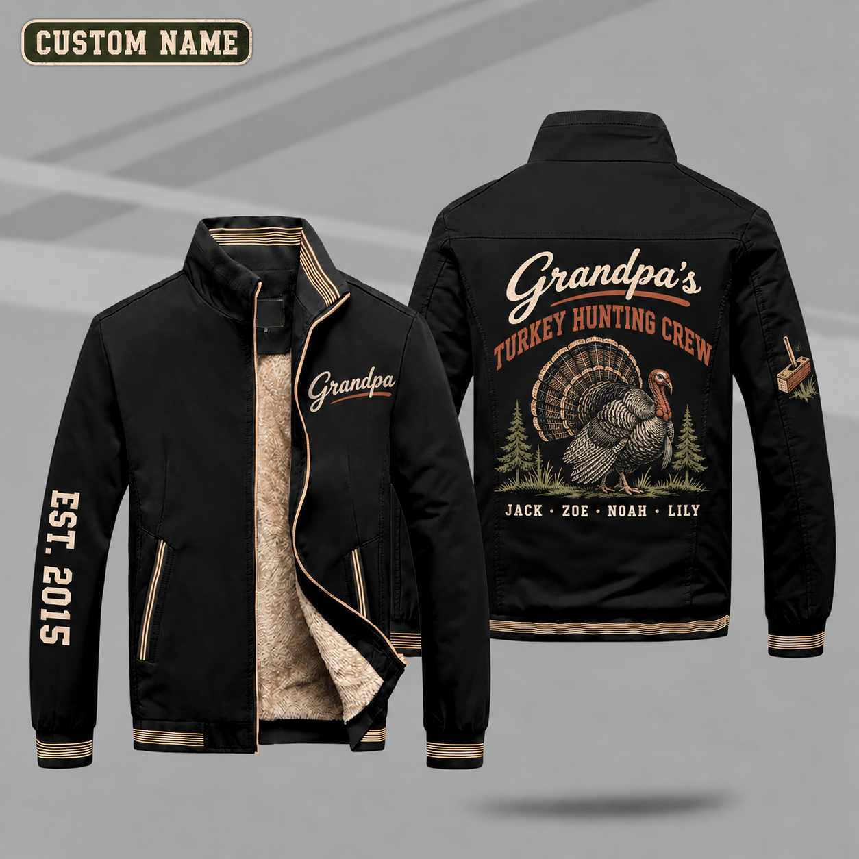 Fleece-Lined Stand Collar Jacket personalized with "Grandpa's Turkey Hunting Crew" and strutting turkey artwork on the back