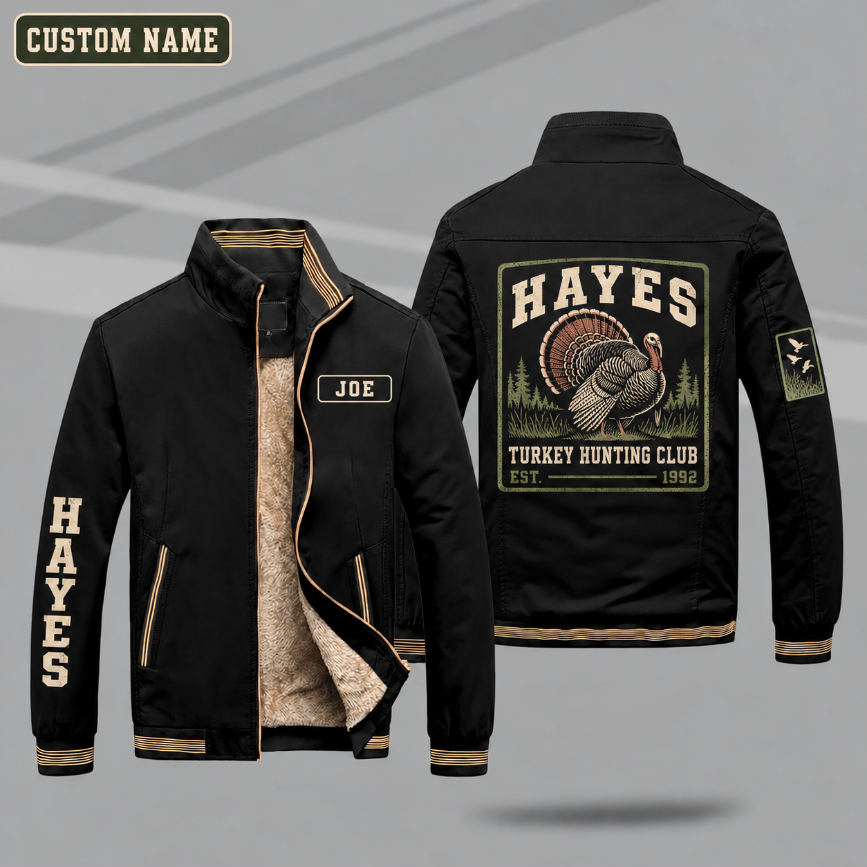 Fleece-Lined Stand Collar Jacket personalized with "Hayes Turkey Hunting Club Est. 1992" and strutting turkey artwork on the back