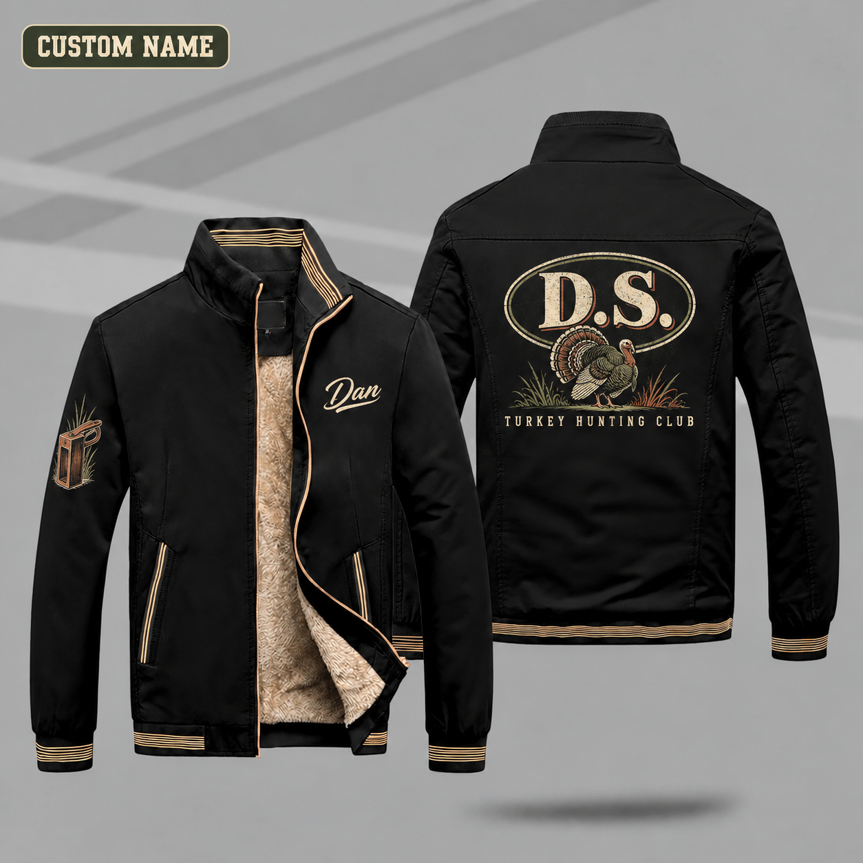 Fleece-Lined Stand Collar Jacket personalized with "D.S. Turkey Hunting Monogram" and strutting turkey artwork on the back