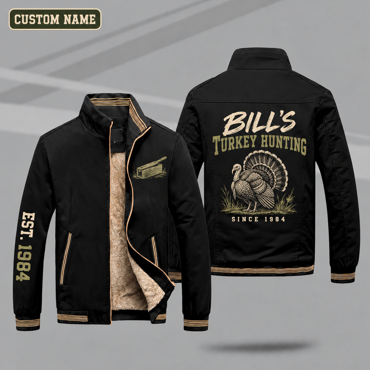 Fleece-Lined Stand Collar Jacket personalized with "Bill's Turkey Hunting Since 1984" and strutting turkey artwork on the back