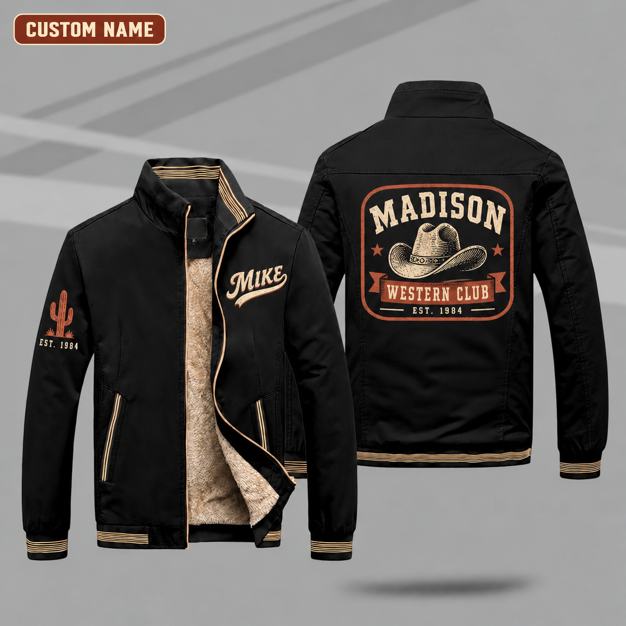 Fleece-Lined Stand Collar Jacket personalized with "Madison Western Club Est. 1984" and cowboy hat artwork on the back