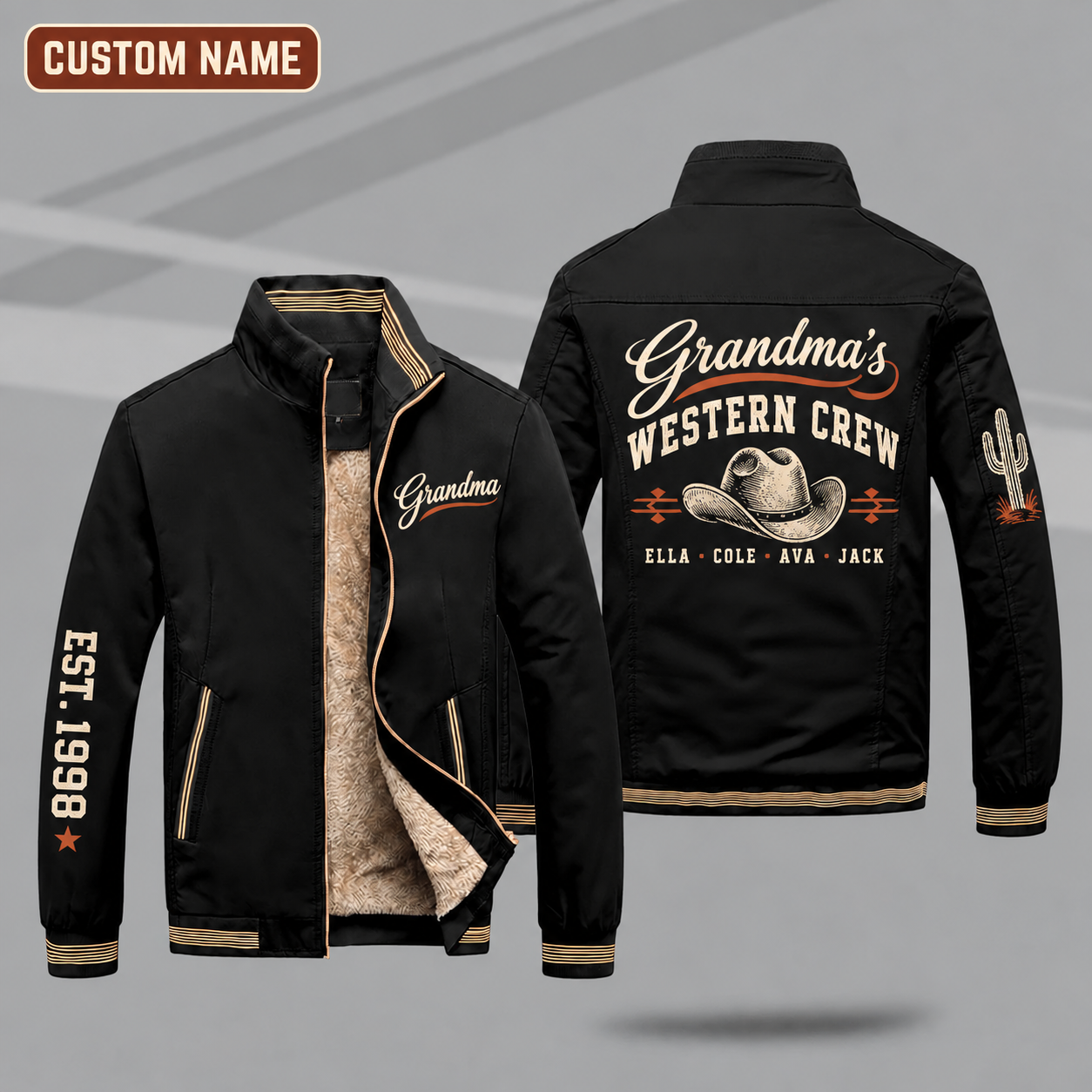 Fleece-Lined Stand Collar Jacket personalized with "Grandma's Western Crew" and cowboy hat artwork on the back