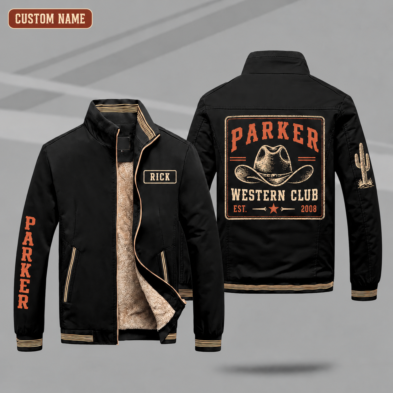 Fleece-Lined Stand Collar Jacket personalized with "Parker Western Club Est. 2008" and cowboy hat artwork on the back