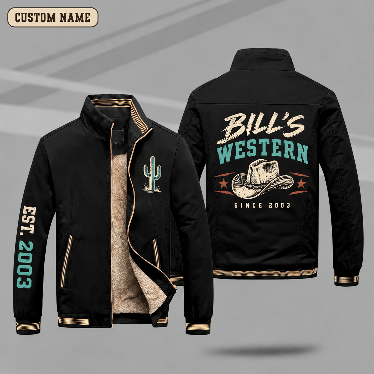 Fleece-Lined Stand Collar Jacket personalized with "Bill's Western Since 2003" and cowboy hat artwork on the back