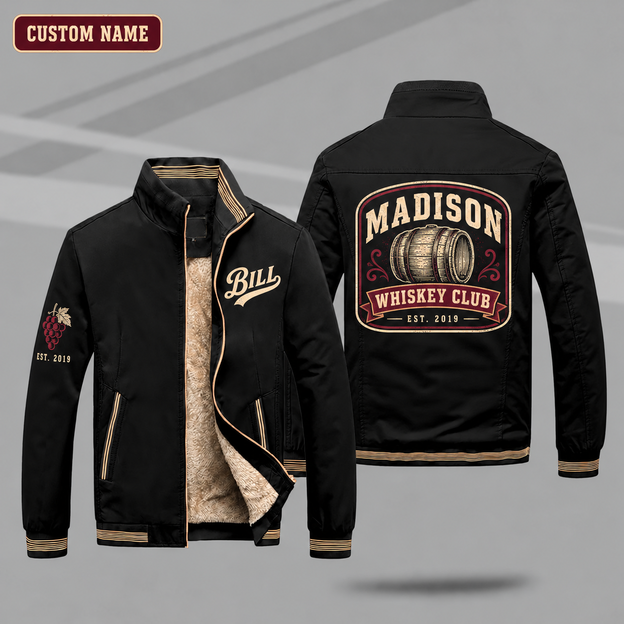 Fleece-Lined Stand Collar Jacket personalized with "Madison Whiskey Club Est. 2019" and barrel artwork on the back
