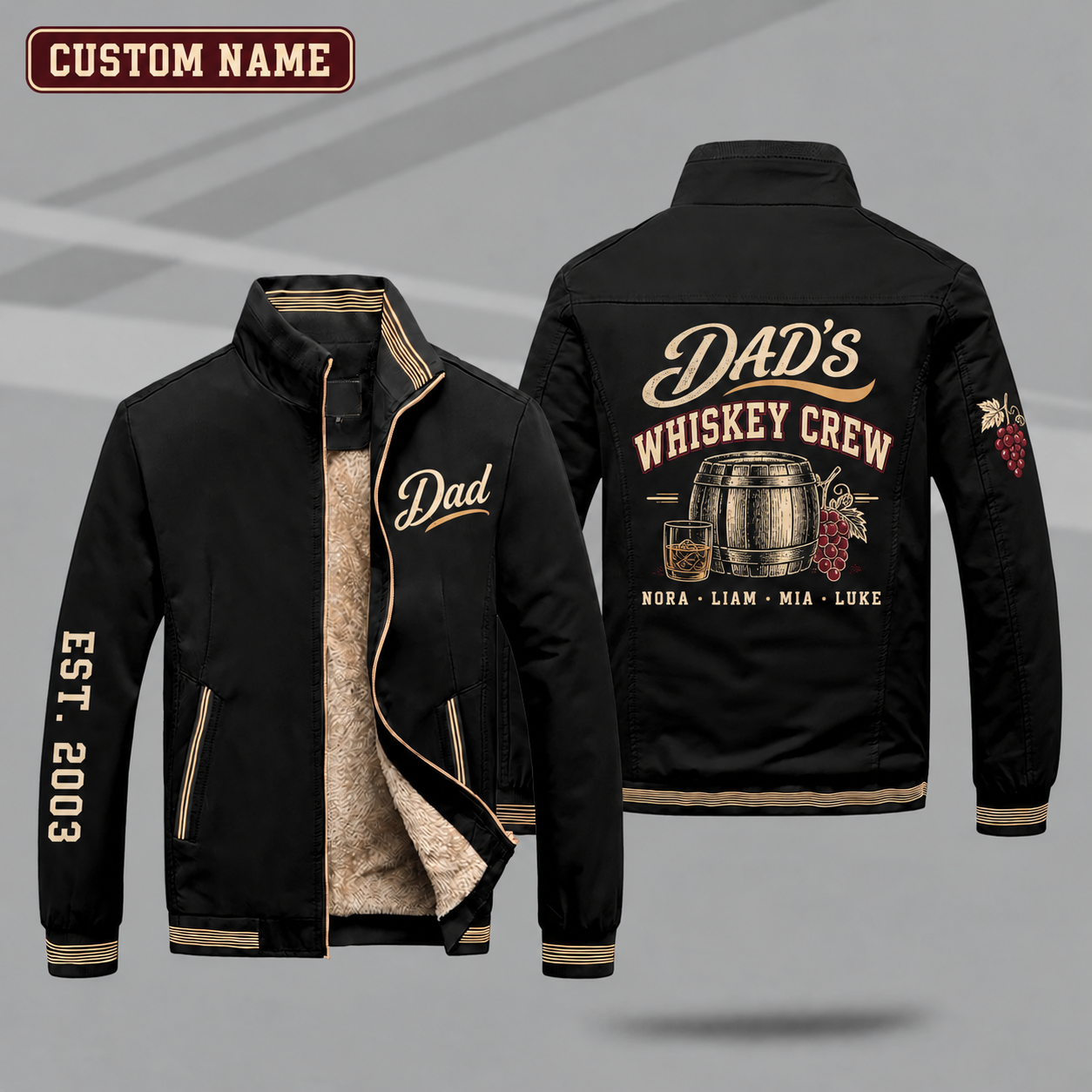 Fleece-Lined Stand Collar Jacket personalized with "Dad's Whiskey Crew" and barrel artwork on the back
