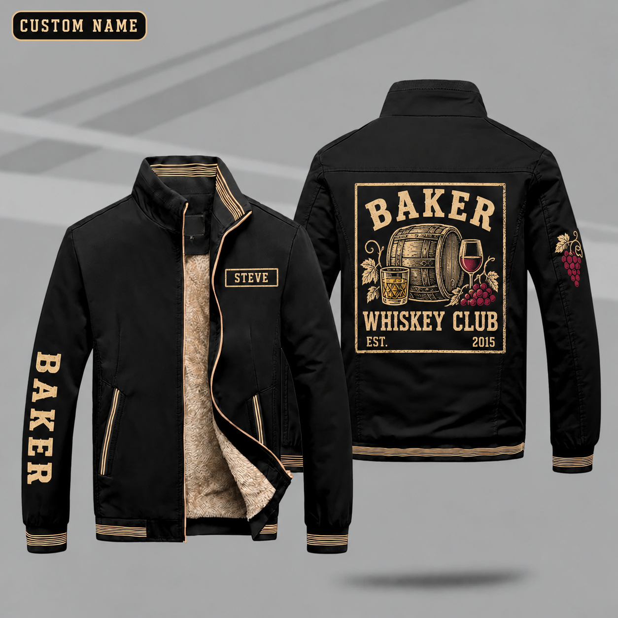 Fleece-Lined Stand Collar Jacket personalized with "Baker Whiskey Club Est. 2015" and barrel artwork on the back