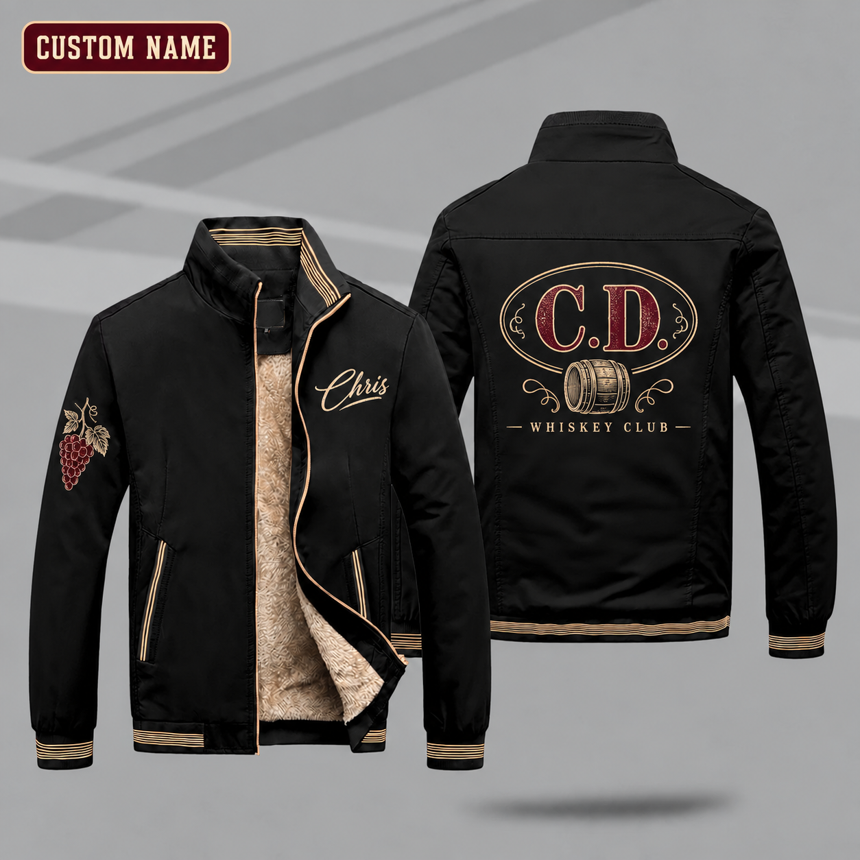 Fleece-Lined Stand Collar Jacket personalized with "C.D. Whiskey Monogram" and barrel artwork on the back