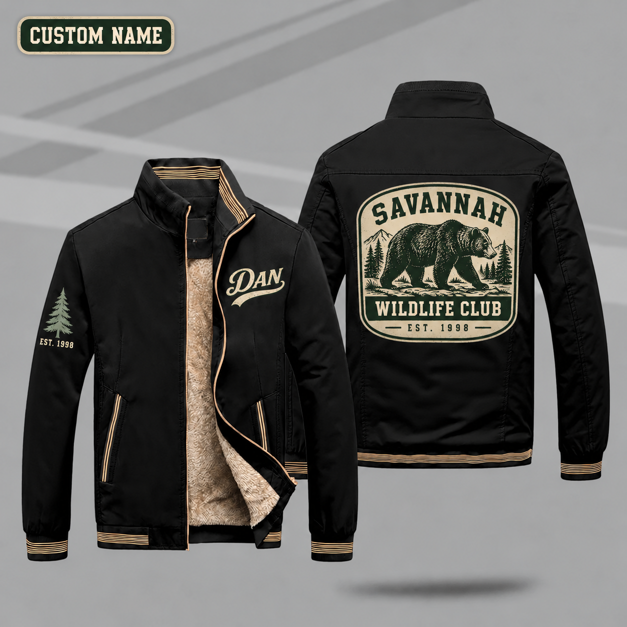 Fleece-Lined Stand Collar Jacket personalized with "Savannah Wildlife Club Est. 1998" and black bear artwork on the back