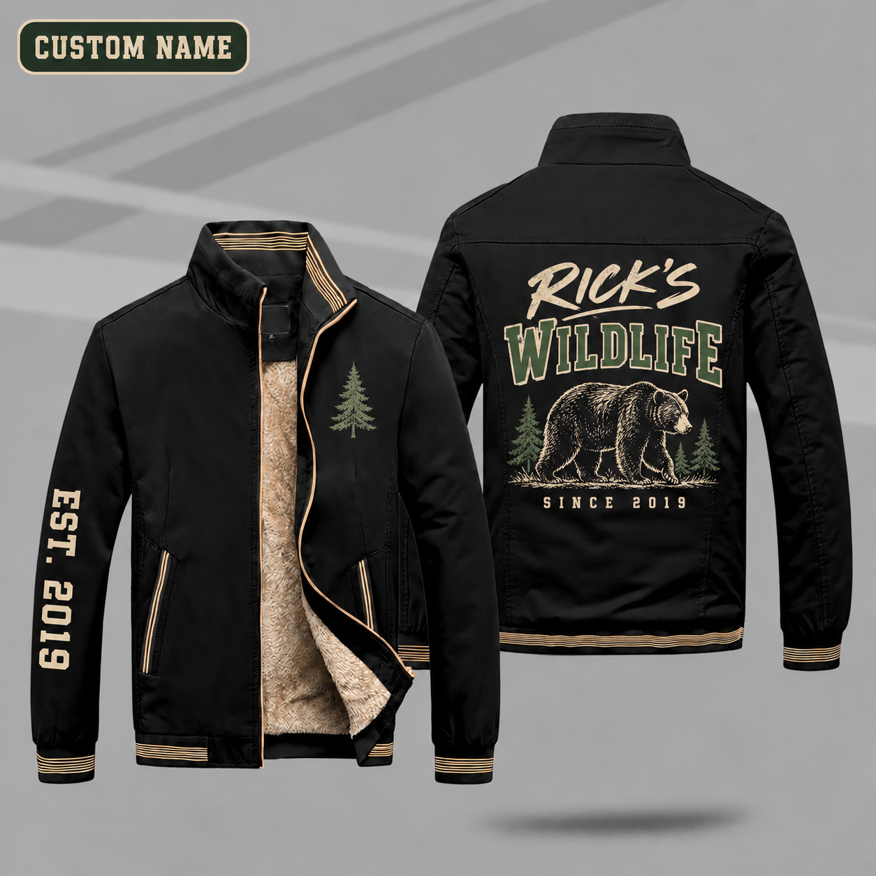 Fleece-Lined Stand Collar Jacket personalized with "Rick's Wildlife Since 2019" and black bear artwork on the back